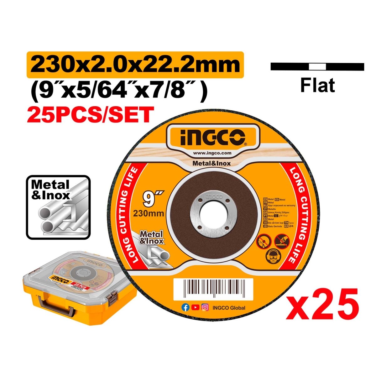 Set X 25 Discos De Corte Inox 9X5/64X7/8 Ingco MCD2023025 - MARKEMSTORE - Discos