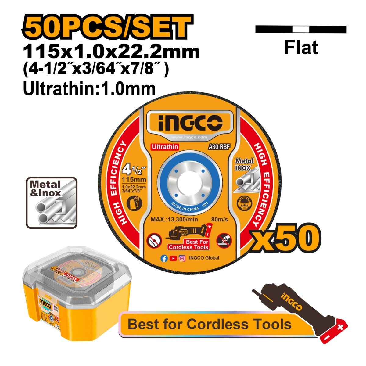 Set X 50 Discos De Corte Inox 4-1/2X3/64X7/8 Ingco Mcd1050115 - MARKEMSTORE - Discos