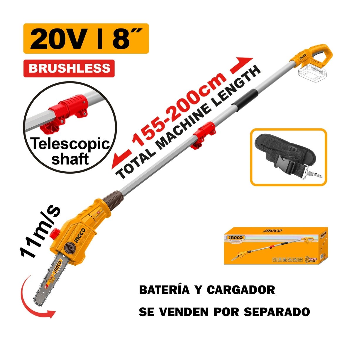 Sierra de Pertiga INGCO 20V Brushless Barra 8" 2m - Podadora | PSLI2028 - MARKEMSTORE -