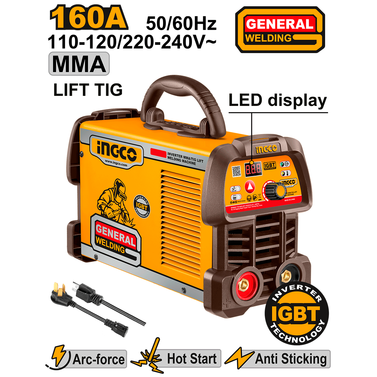 Soldador Inversor INGCO 110 - 120V 110A / 220 - 240V 160A TIG ING - UMMA16059 - MARKEMSTORE - Soldador
