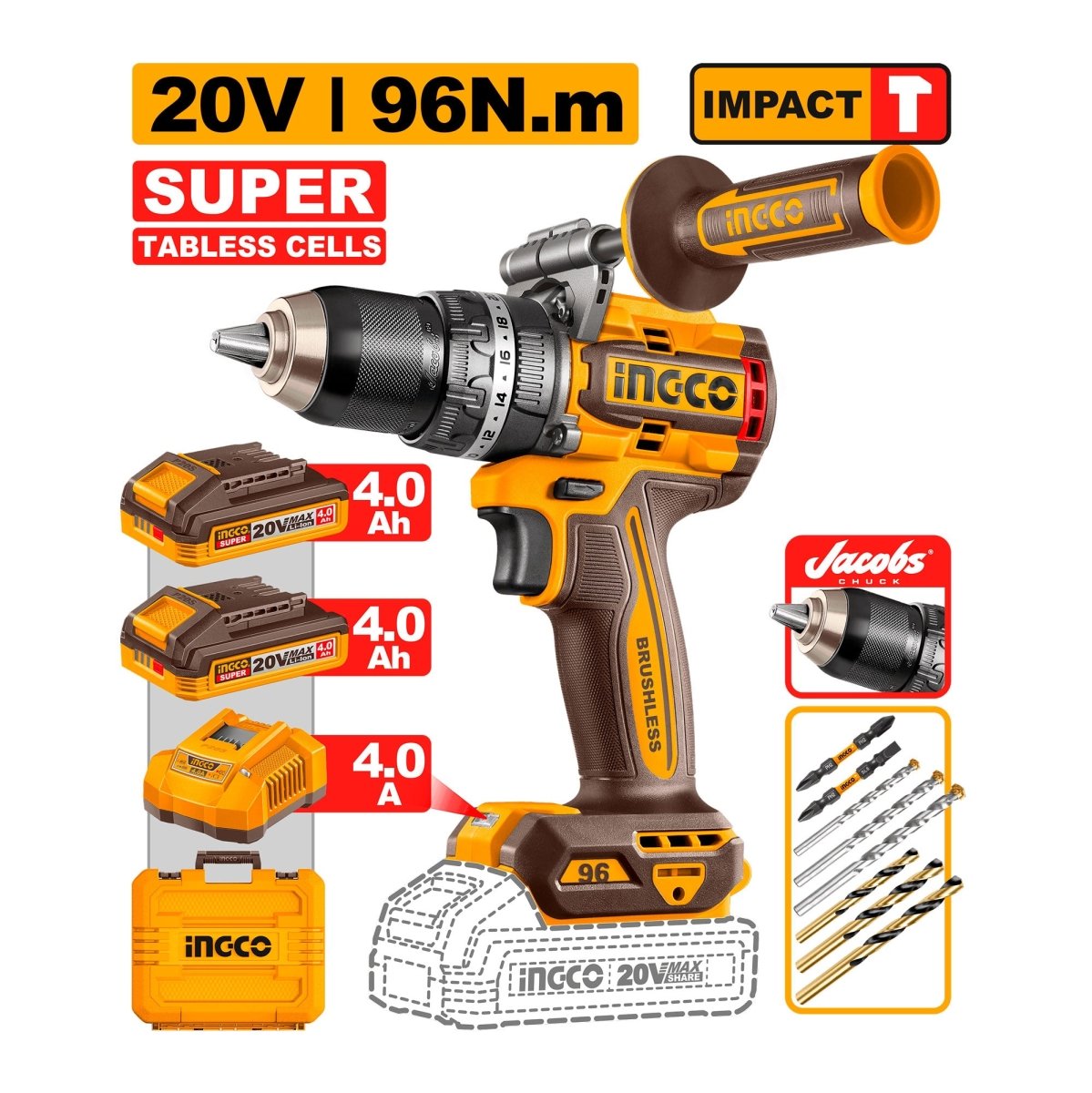Taladro de Impacto Inalámbrico INGCO 1/2" 20V 96 Nm 2000 RPM UCIDLI209689 - MARKEMSTORE - Taladros