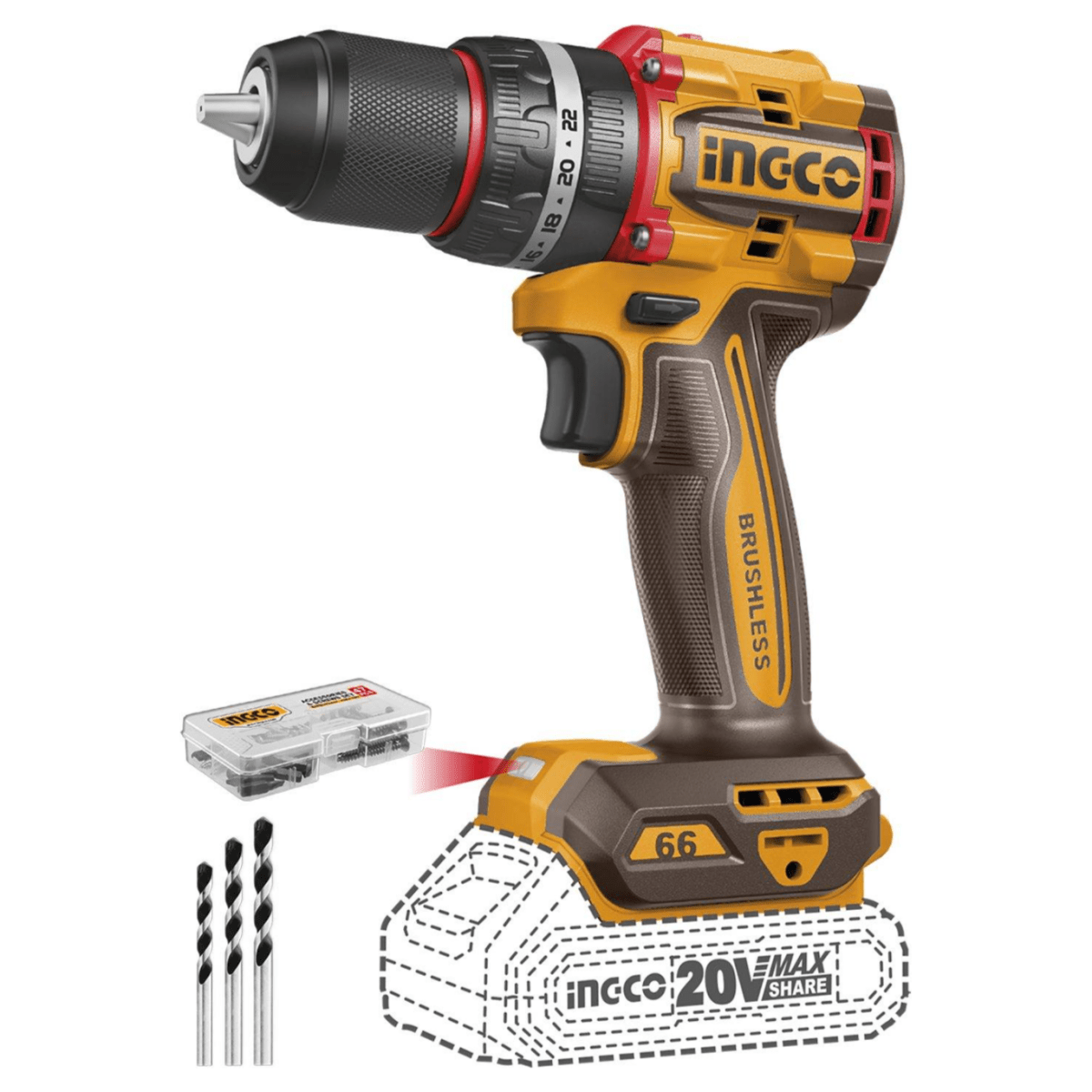 Taladro inalámbrico Impacto 1/2 20V 66Nm INGCO UCIDLI20668 - MARKEMSTORE - Taladro