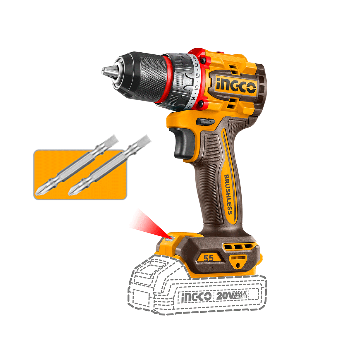 Taladro Inalámbrico INGCO 20V 55Nm 0 - 2000RPM - CDLI205581 - MARKEMSTORE - Taladro