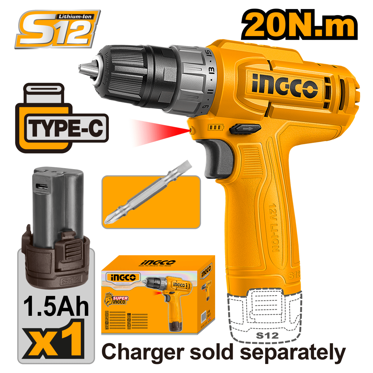 Taladro Ingco 12V M3/8 20Nm Rotacion Incluye Bateria Ref. Cdli12456 - MARKEMSTORE - Taladro