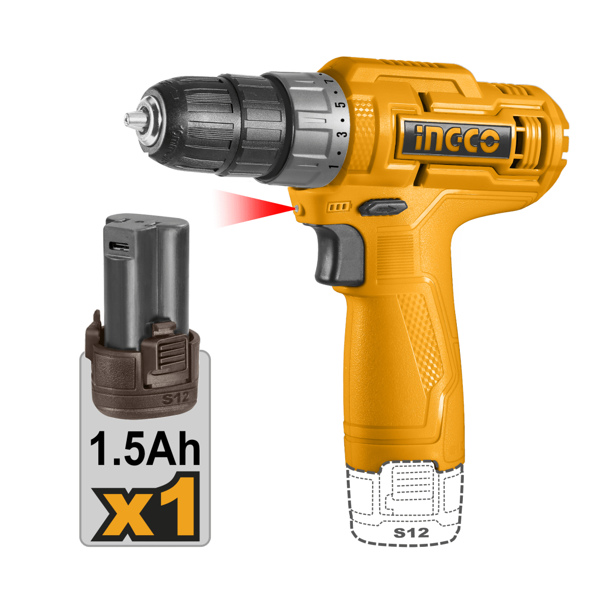 Taladro M3/8" 12V 20Nm Rotación con 1 Batería INGCO CDLI12428 - MARKEMSTORE - Taladro