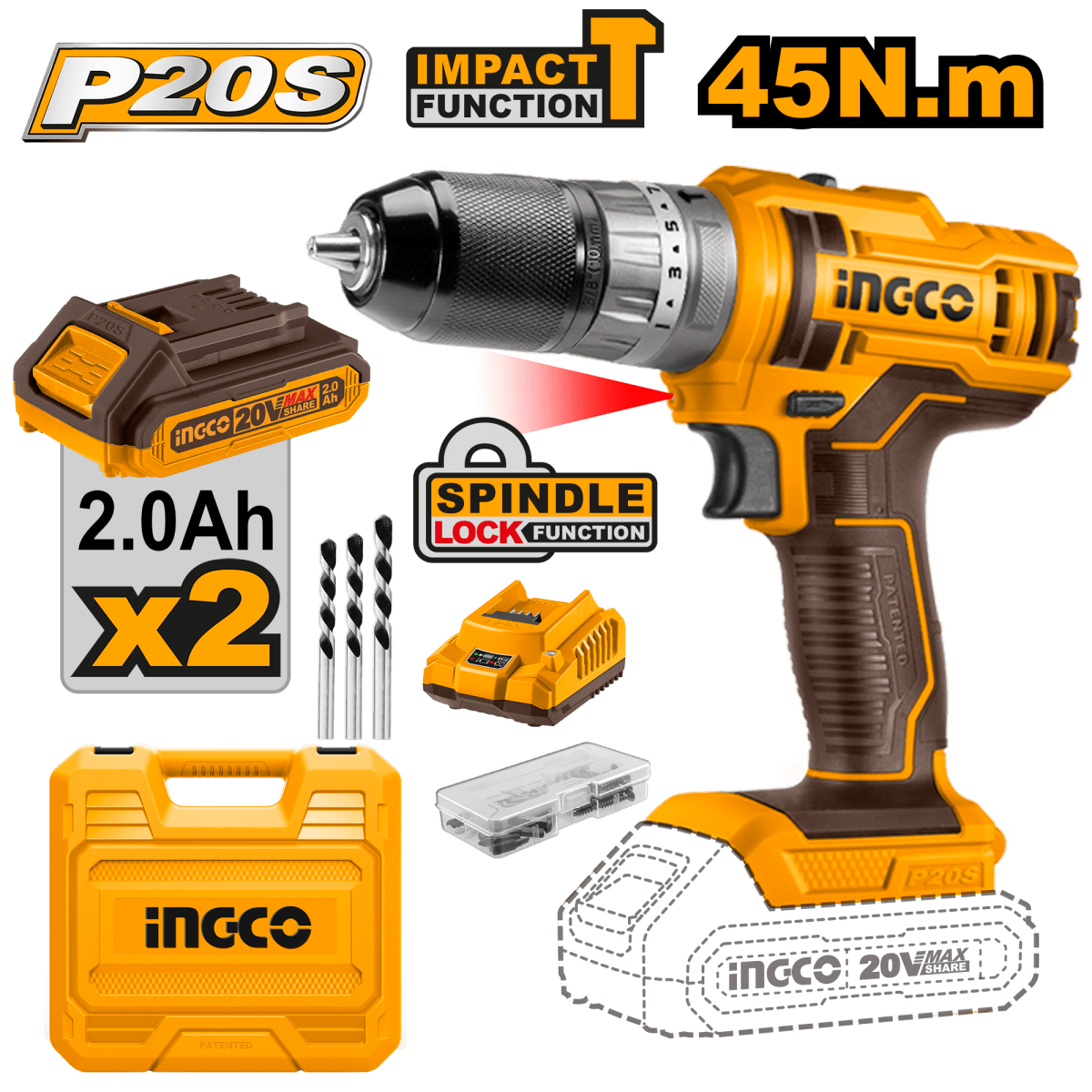 Taladro M3/8 20V 45NM Impacto 2 Baterias y Cargador Ingco UCIDLI201452 - MARKEMSTORE - Taladro