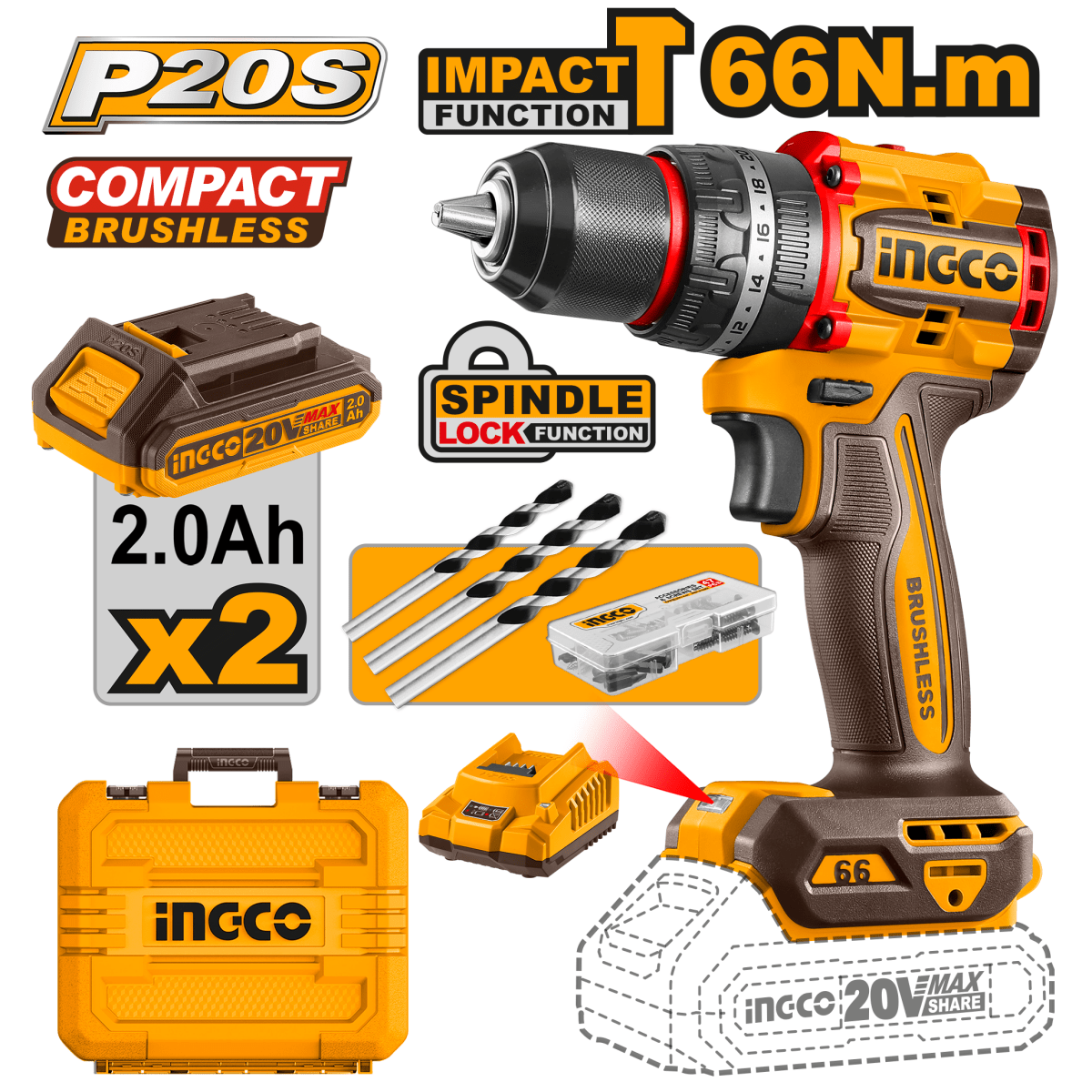 Video taladro Ingco UCIDLI20668 20V 66Nm | Markemstore