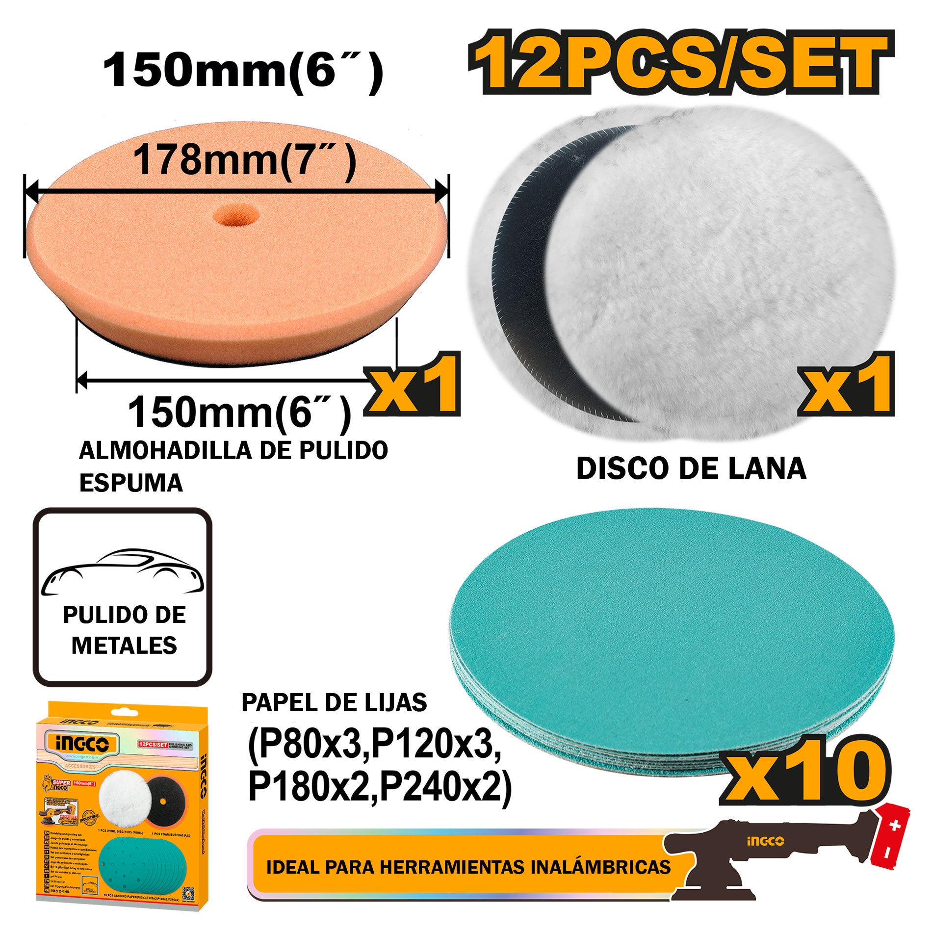 Kit de Pulido y Esmerilado INGCO 6" 12 Piezas Disco Lana y Lijas APG15012