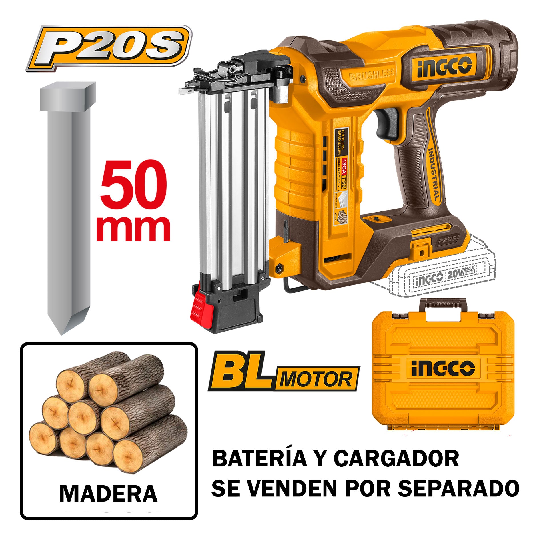 Clavadora Inalámbrica INGCO 20V Clavos Brad F15-F50 50mm CBNLI5005