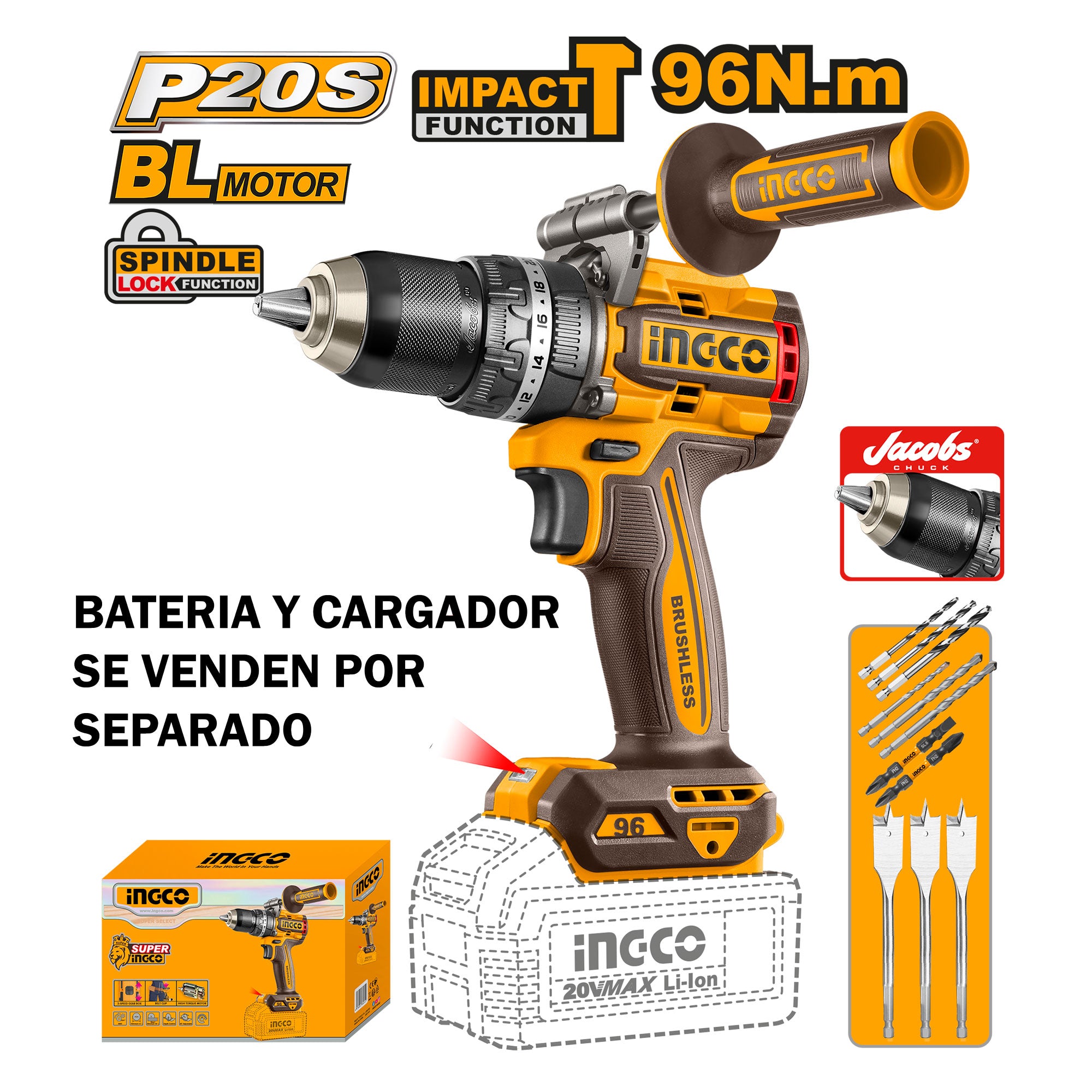 INGCO TALADRO DE IMPACTO M1/2  20V  96NM 2000RPM BRUSHLESS SIN BATERIA CIDLI209685