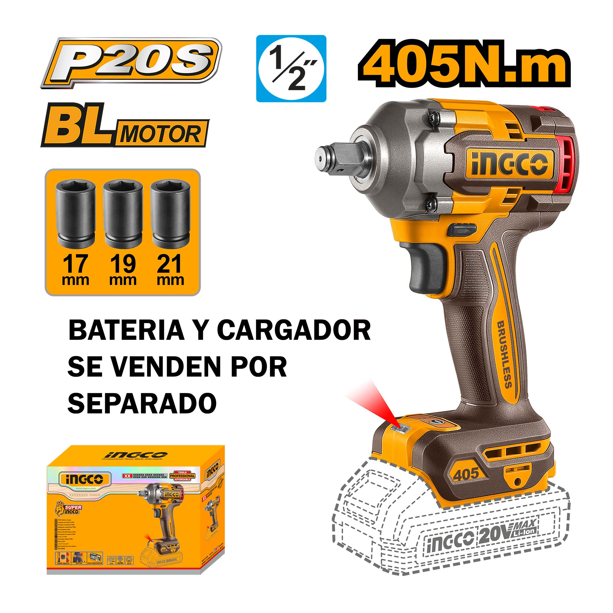 INGCO LLAVE DE IMPACTO M1/2 20V 405NM BRUSHLESS SIN BATERIA CIWLI20451