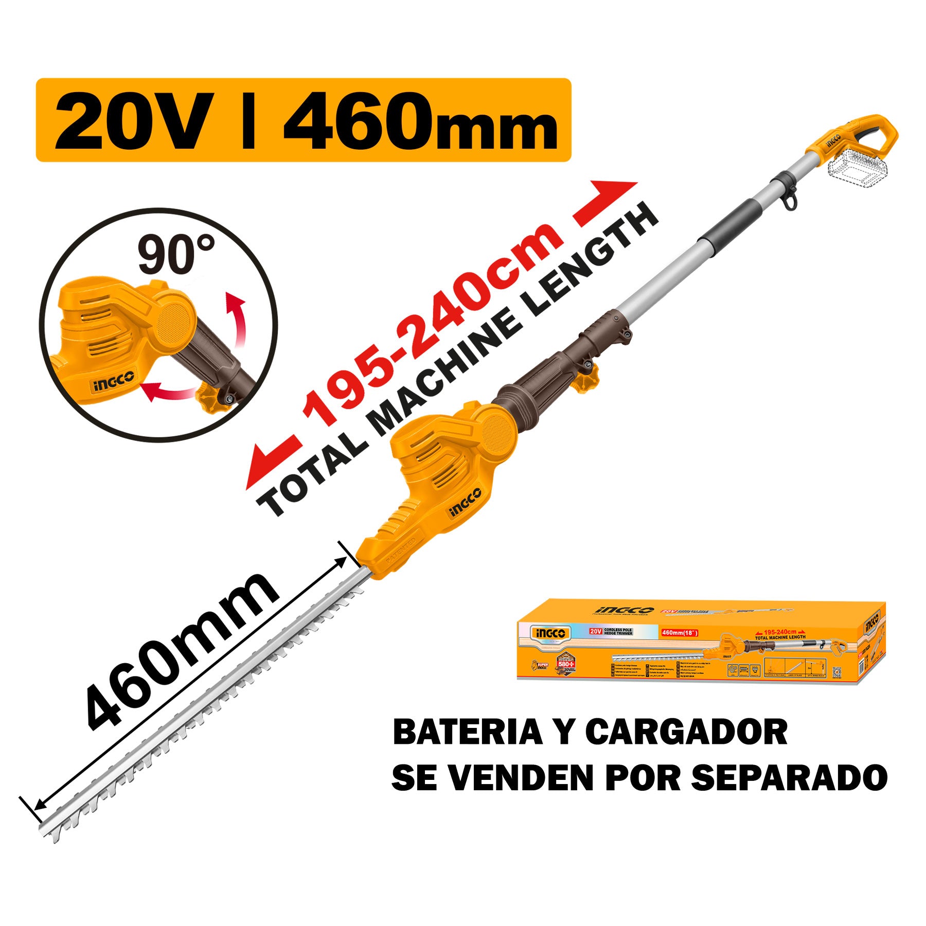 Cortasetos Inalámbrico de Pértiga INGCO 20V 460mm 2.4m   CPHT201601