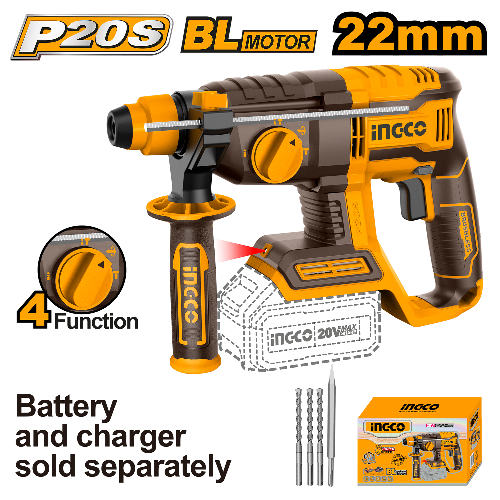 Rotomartillo 20V 0-110Rpm 0-5400Bpm Brushless INGCO CRHLI20208