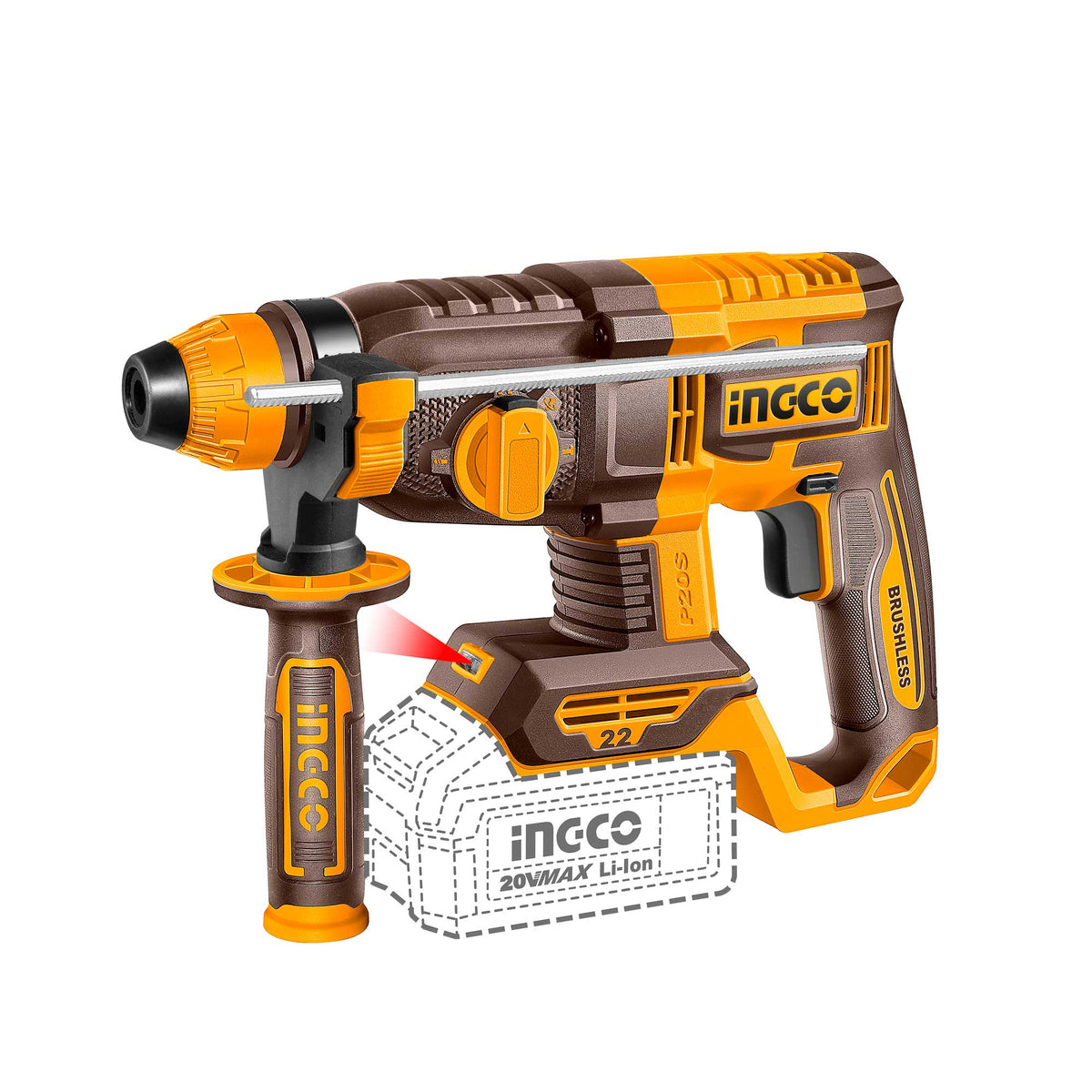 Rotomartillo Inalámbrico INGCO 20V SDS Plus 2,0J Burshless Crhli22208