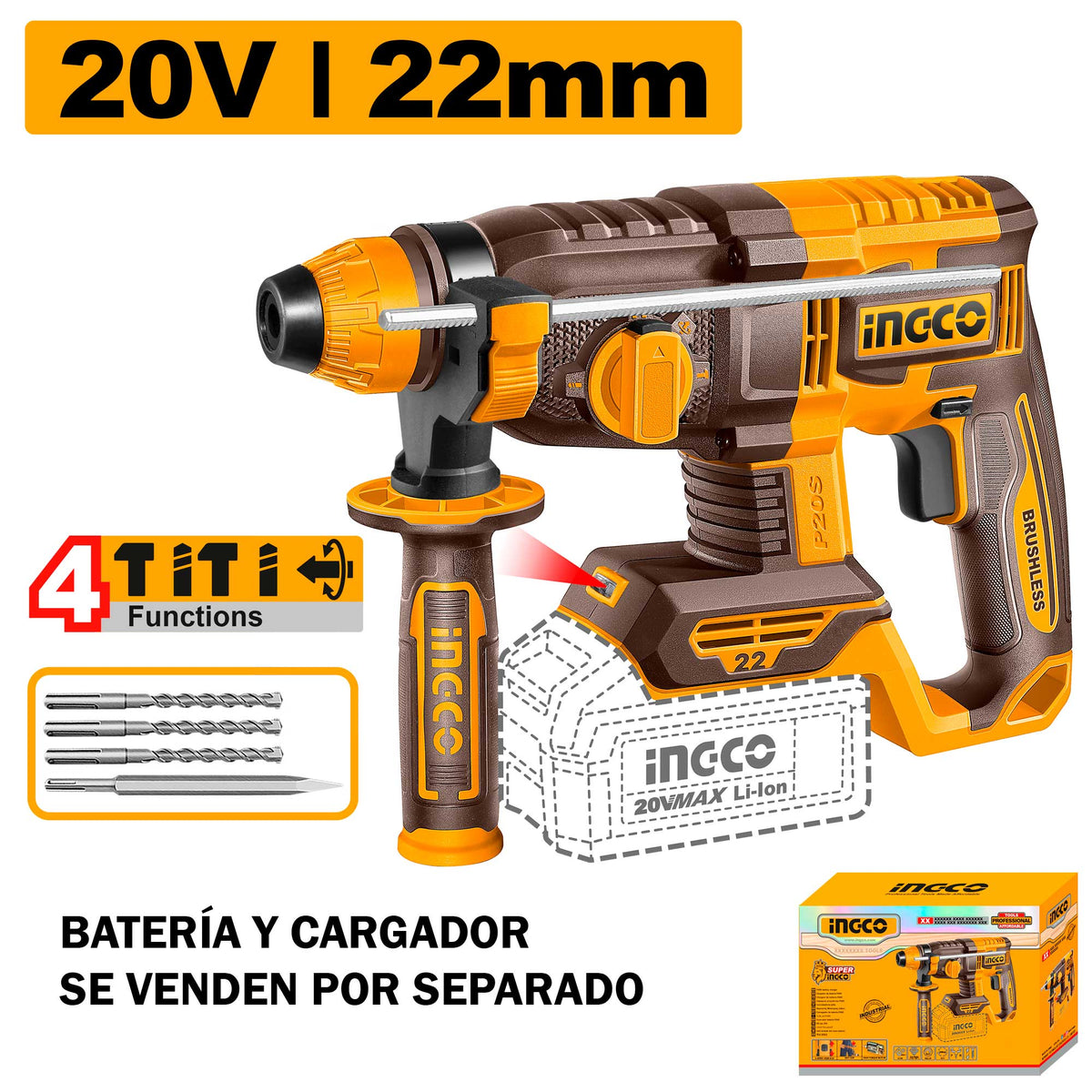 Rotomartillo Inalámbrico INGCO 20V SDS Plus 2,0J Burshless Crhli22208