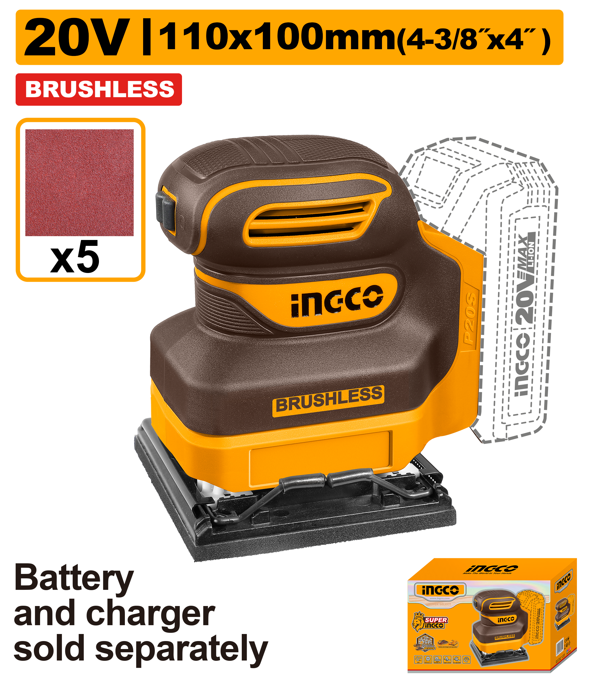 Ingco Lijadora De Palma 20V 12000Rpm Incluye 5 Pliegos De Lija CSHSLI2024