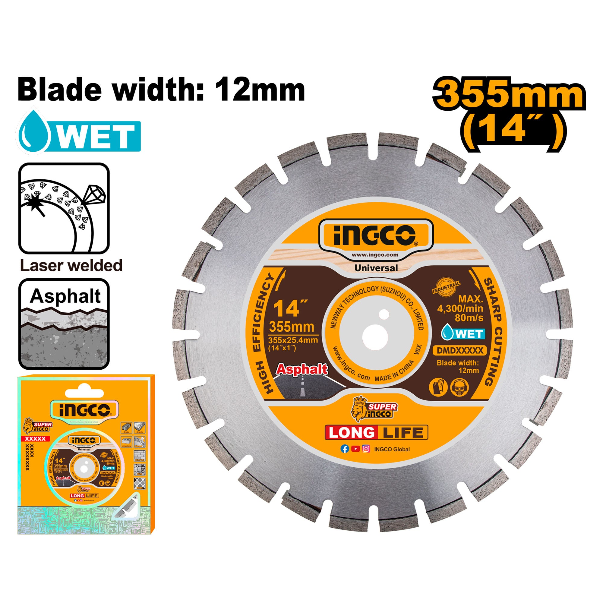 Disco Diamantado Segmentado INGCO 14" Corte Asfalto DMD033553