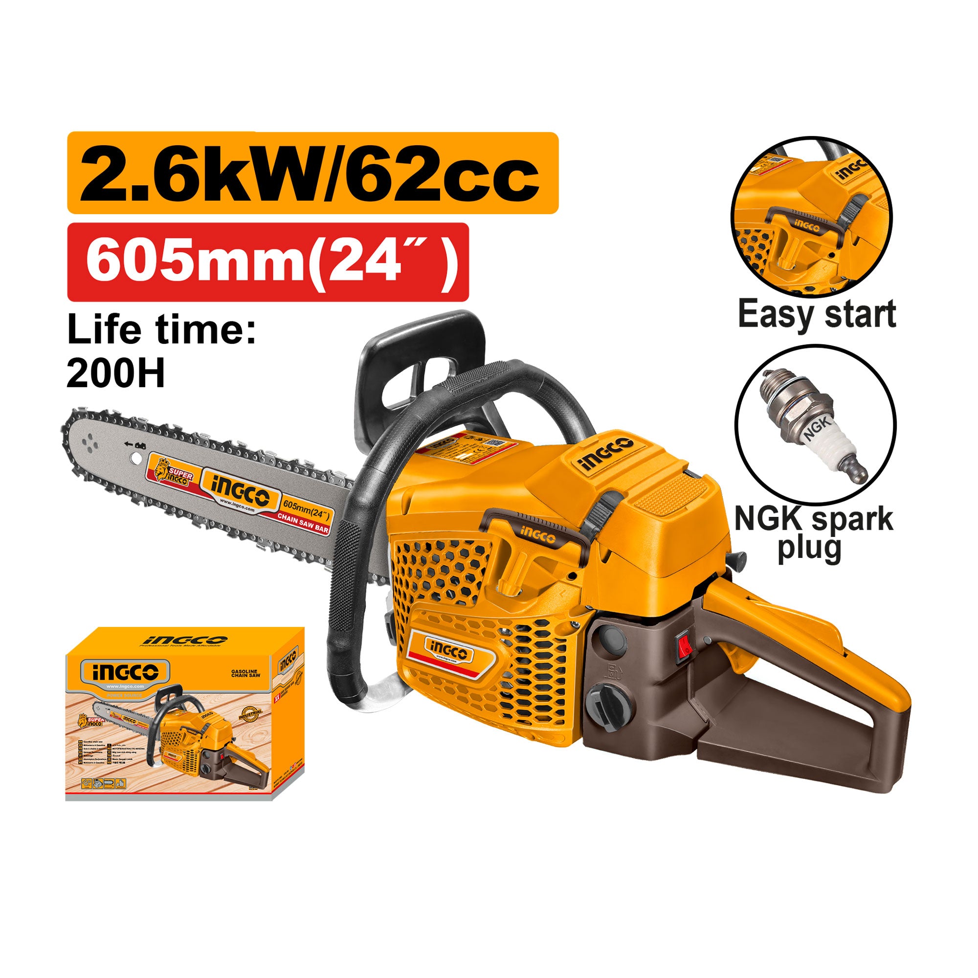 Motosierra a Gasolina INGCO 62cc 2.6kW 24" Motor 2 Tiempos Bujía NGK GCS5622611