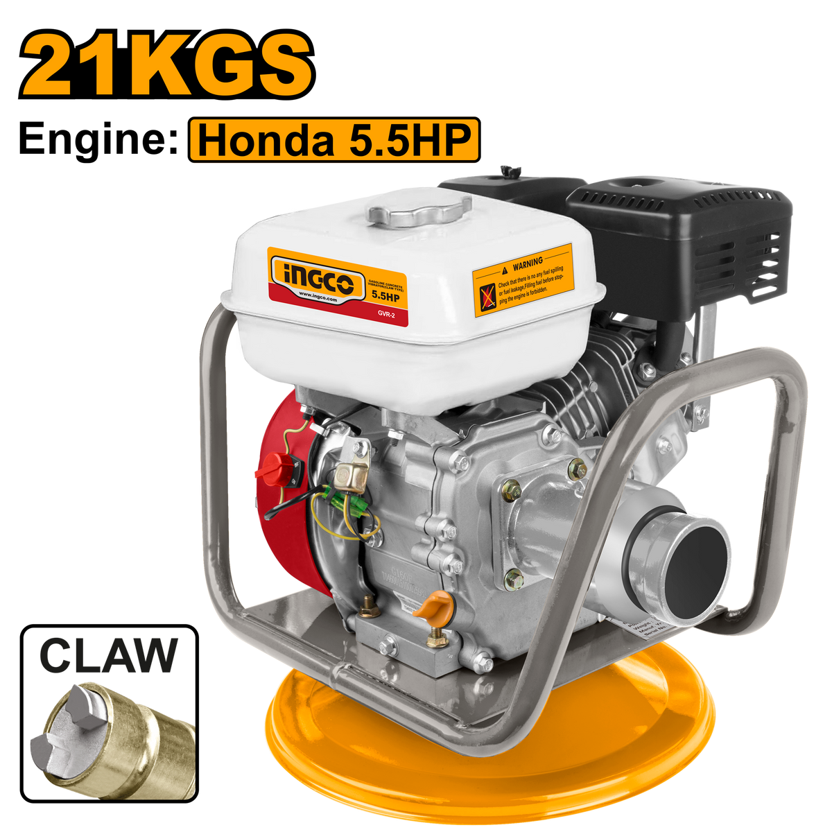 Vibrador de concreto INGCO con motor Honda de 5.5HP, 21 kg y detalle del acople tipo garra