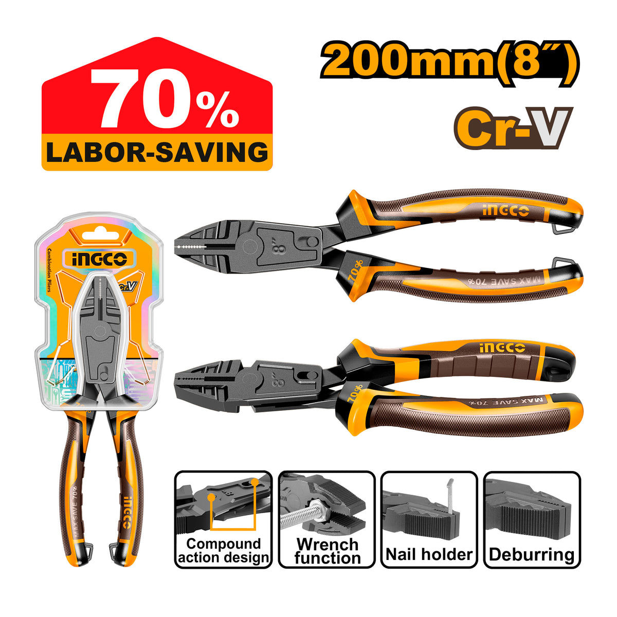 Alicate de combinación INGCO 200mm en blíster, con funciones de llave, sujetador de clavos y desbarbado
