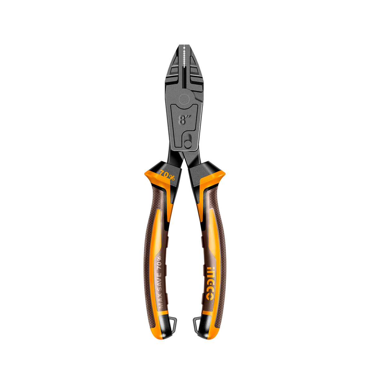 Alicate de combinación INGCO de 8 pulgadas con mango TPR naranja y marrón, vista frontal