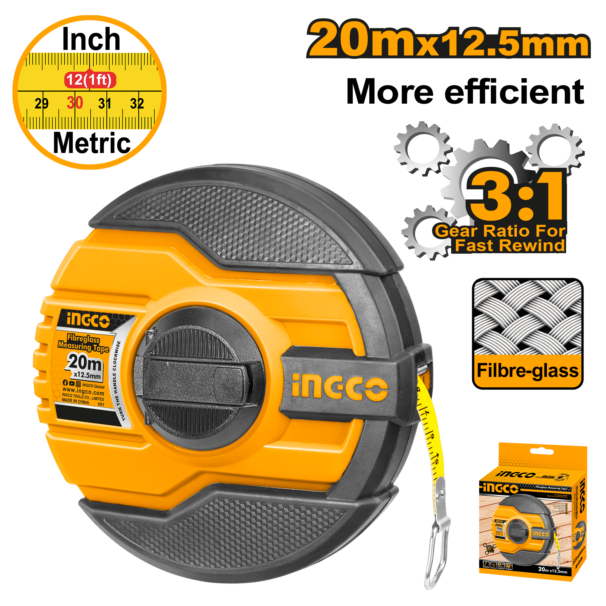 Cinta Metrica Fibravidrio 20Mtsx 12,5Mm INGCO HFMT8320