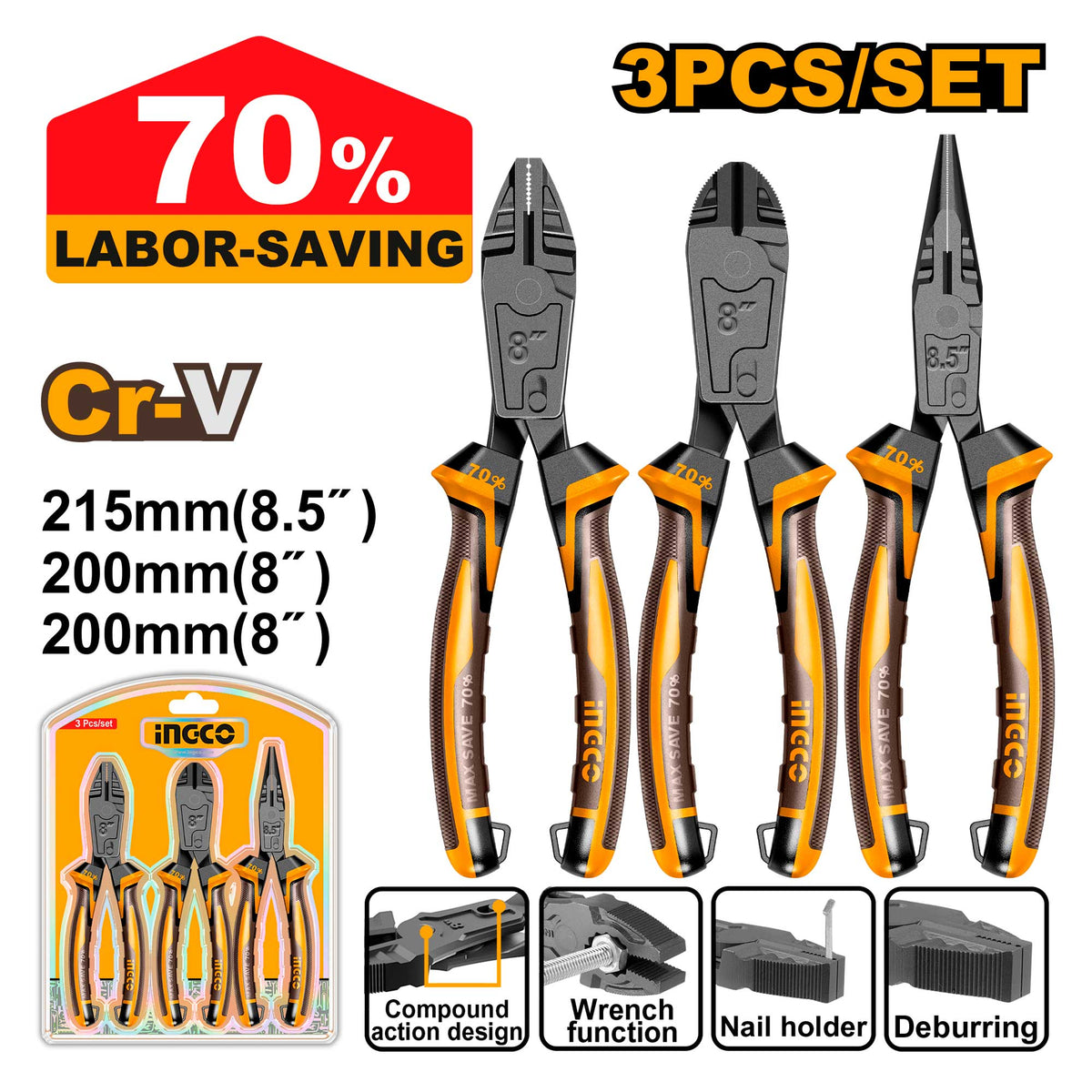 Set Alicate Cr-V 3 Pcs INGCO HKCPS5836