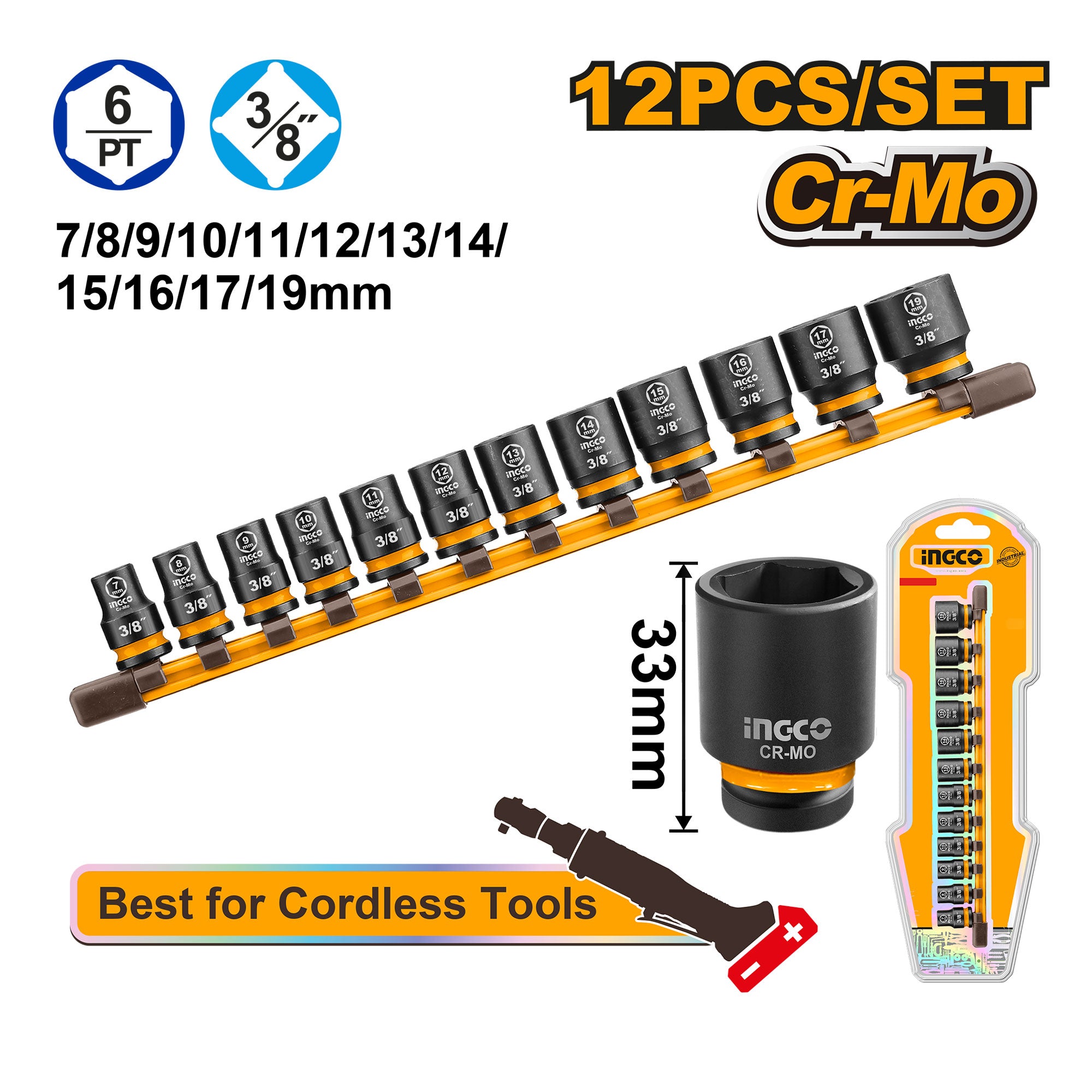 Set Dados Impacto 12Pcs M3/8 Ingco HKISSD38126