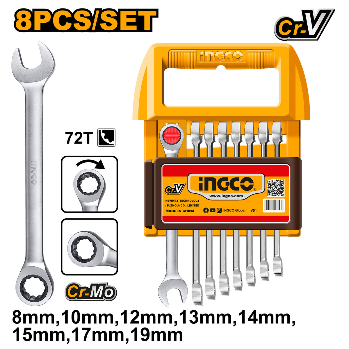 Set de 8 llaves combinadas rachet INGCO de 8 a 19 mm con carraca de 72 dientes