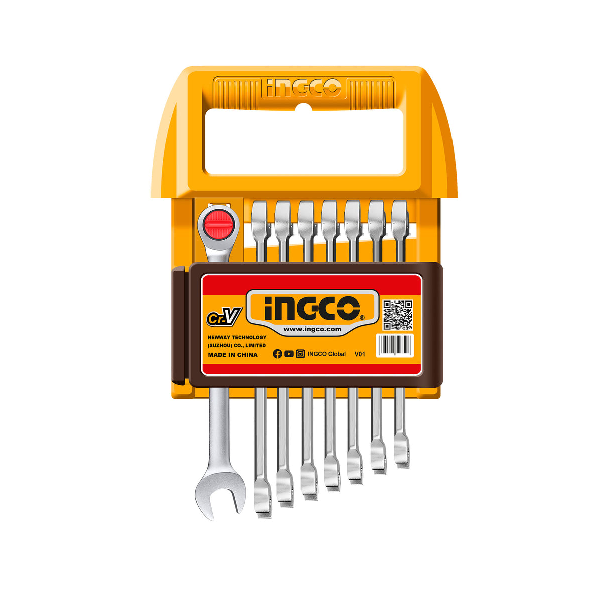Juego de llaves combinadas tipo rachet INGCO en su soporte organizador amarillo