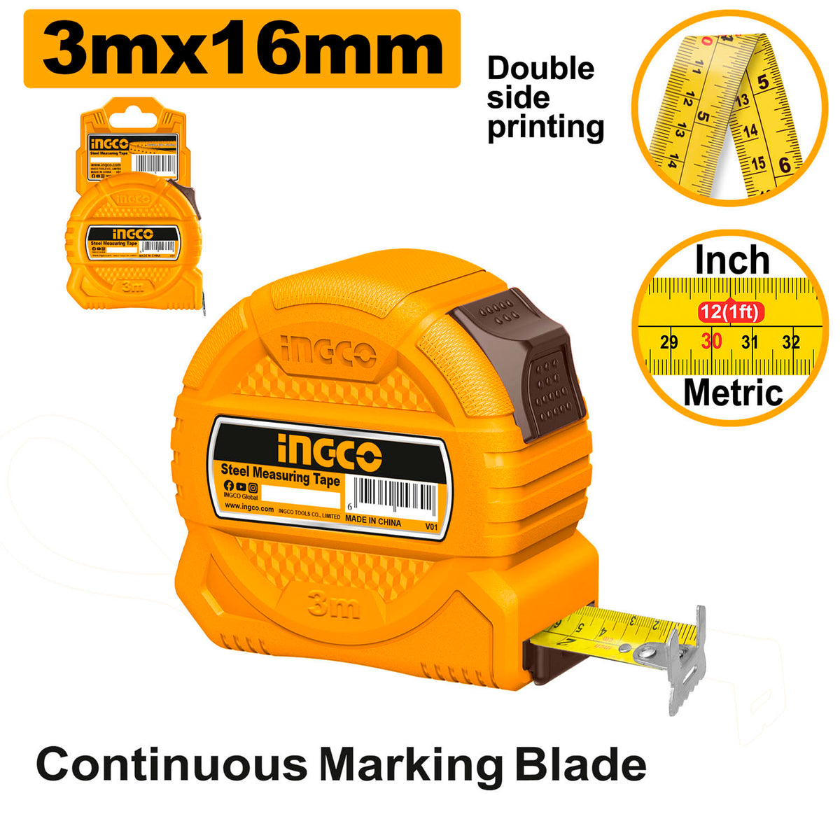 Flexometro 3mtsx16mm Mt/puLG Super Select Ingco Hsmt39316