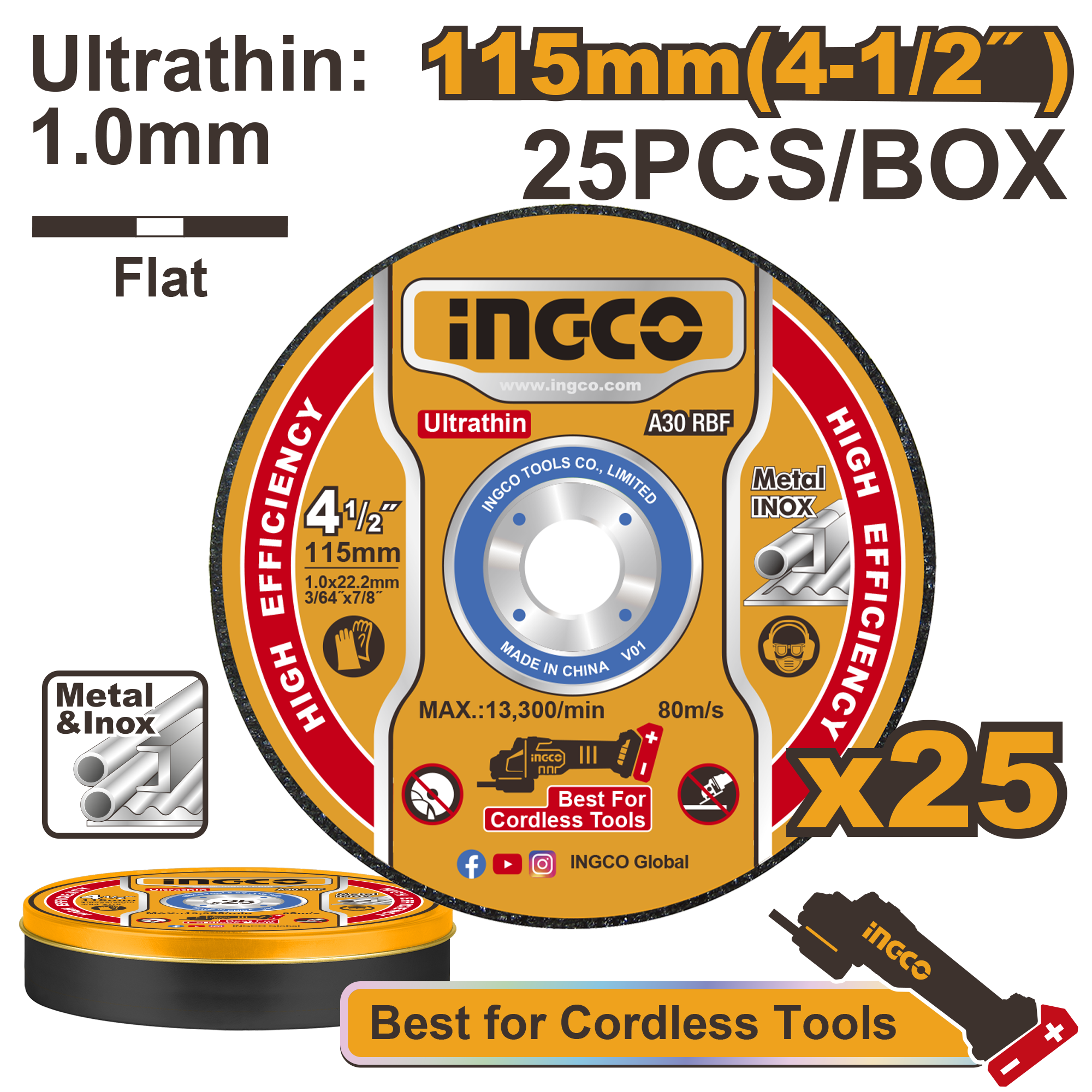 Set 25 Und Disco De Corte Ultra Fino Metal - Inox 4-1/2X3/64X7/8 INGCO MCD11011525 - MARKEMSTORE