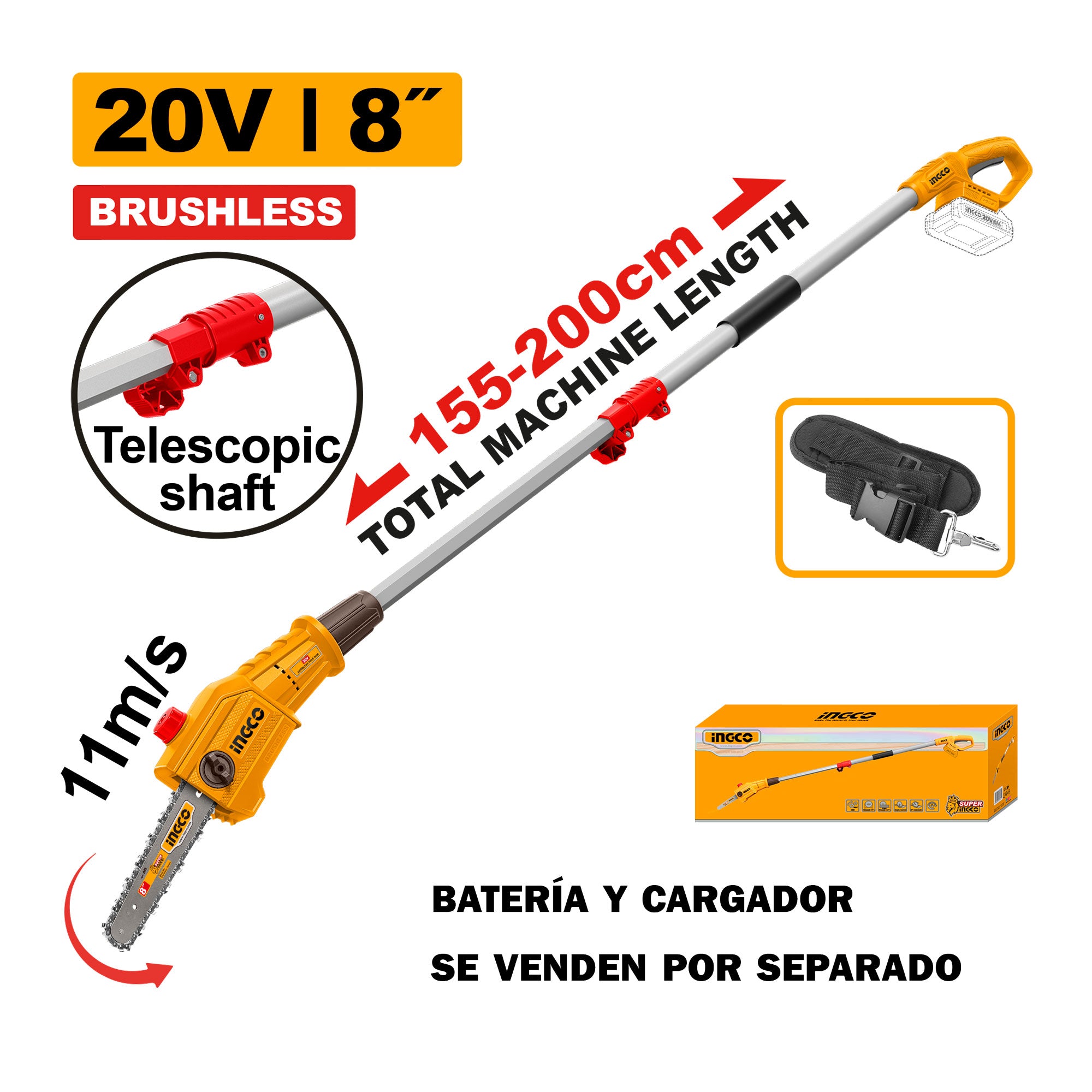 Sierra de Pertiga INGCO 20V Brushless Barra 8" 2m - Podadora | PSLI2028