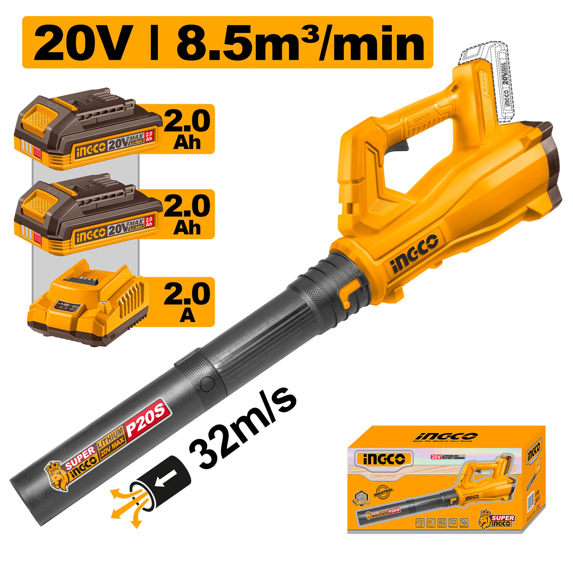 Blower 20V 15000Rpm Incluye 2 Baterias Y Cargador Ingco Ucabli203232