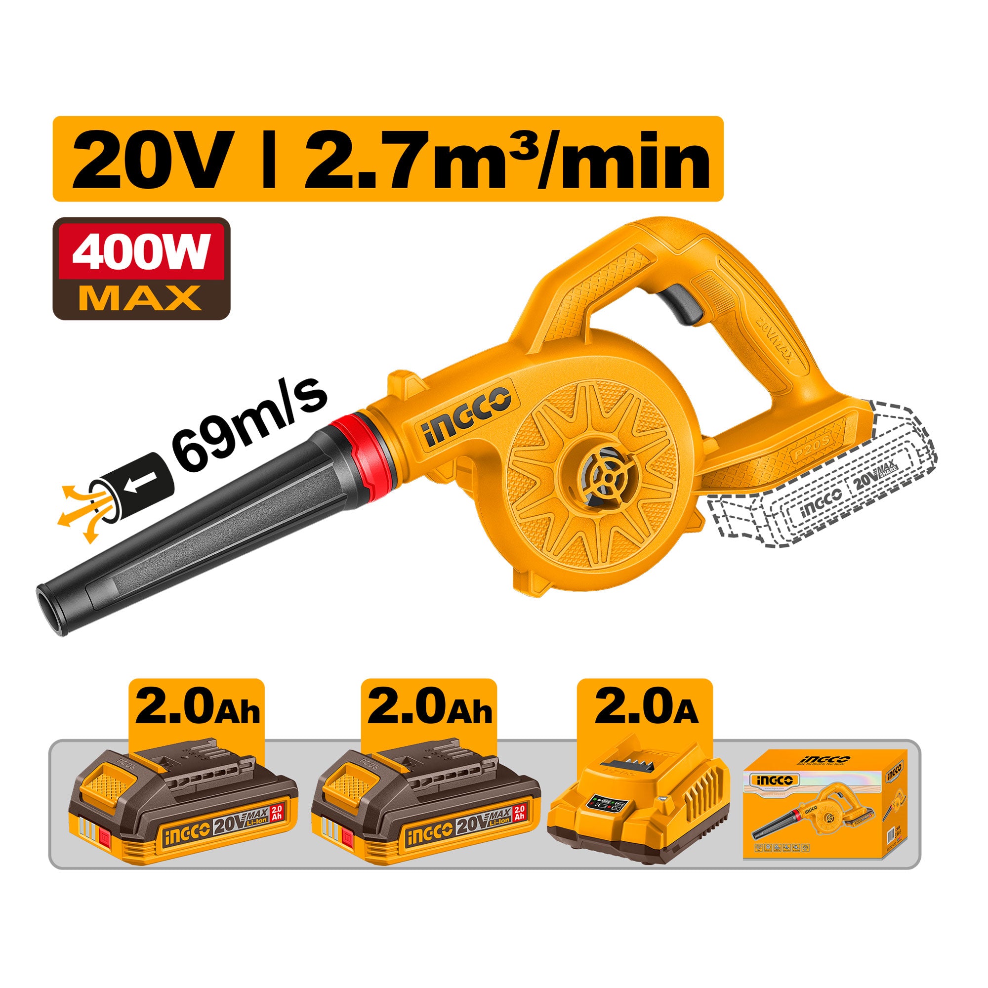 Soplador de Aire Inalámbrico INGCO 20V 18000RPM  | UCABLI20782