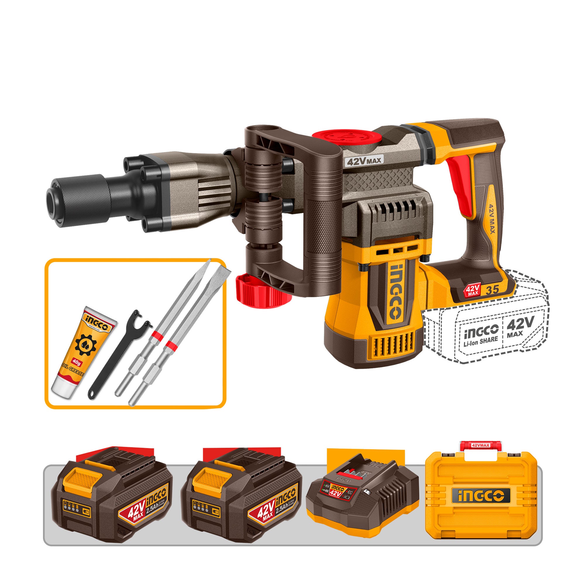 Demoledor 42V 3300Bmp 18J Sds Hex 2 Cinceles 2 Bateria Y Cargador UCDBLI423582