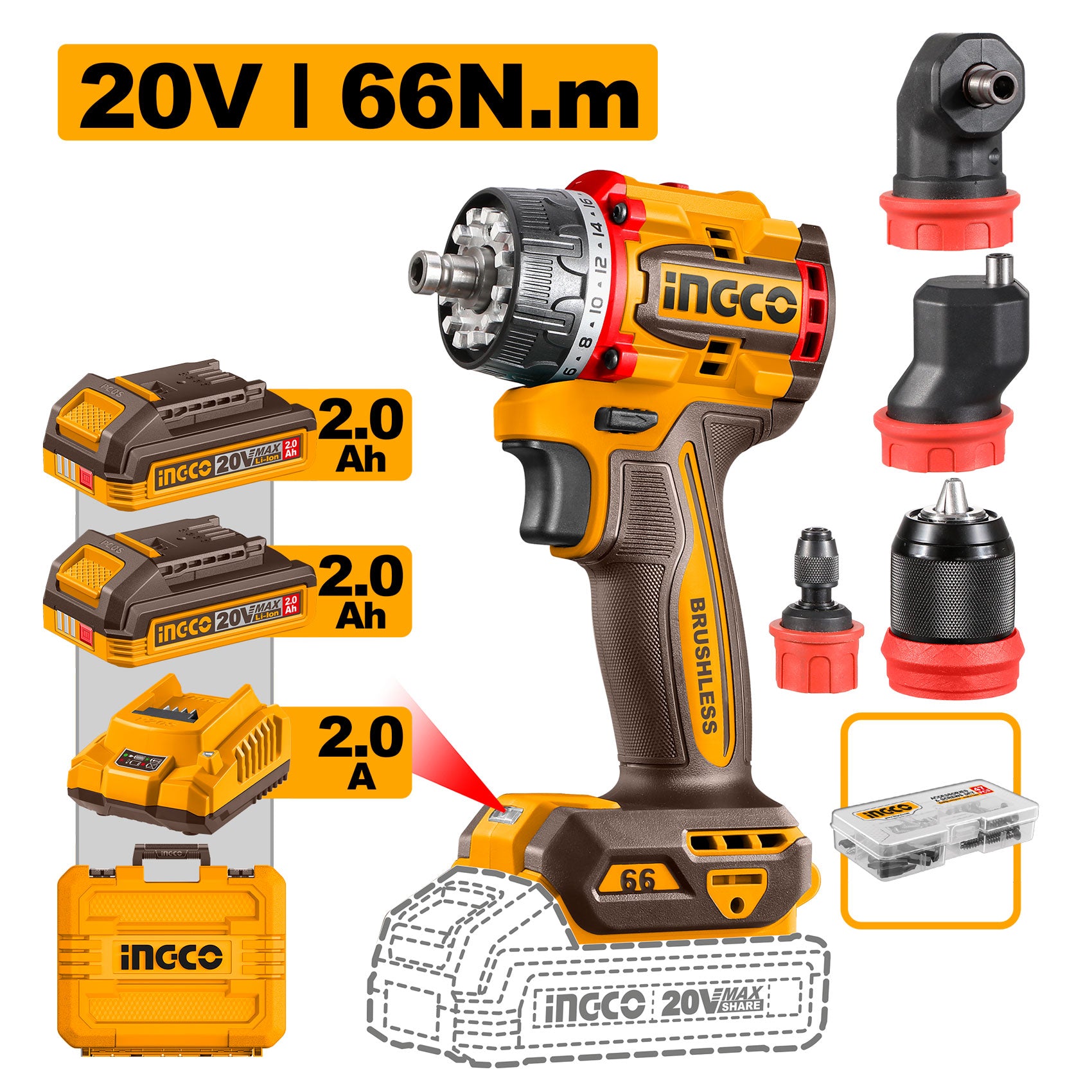 Taladro Inalámbrico INGCO 20V 4 Cabezales Intercambiables UCDLI206686