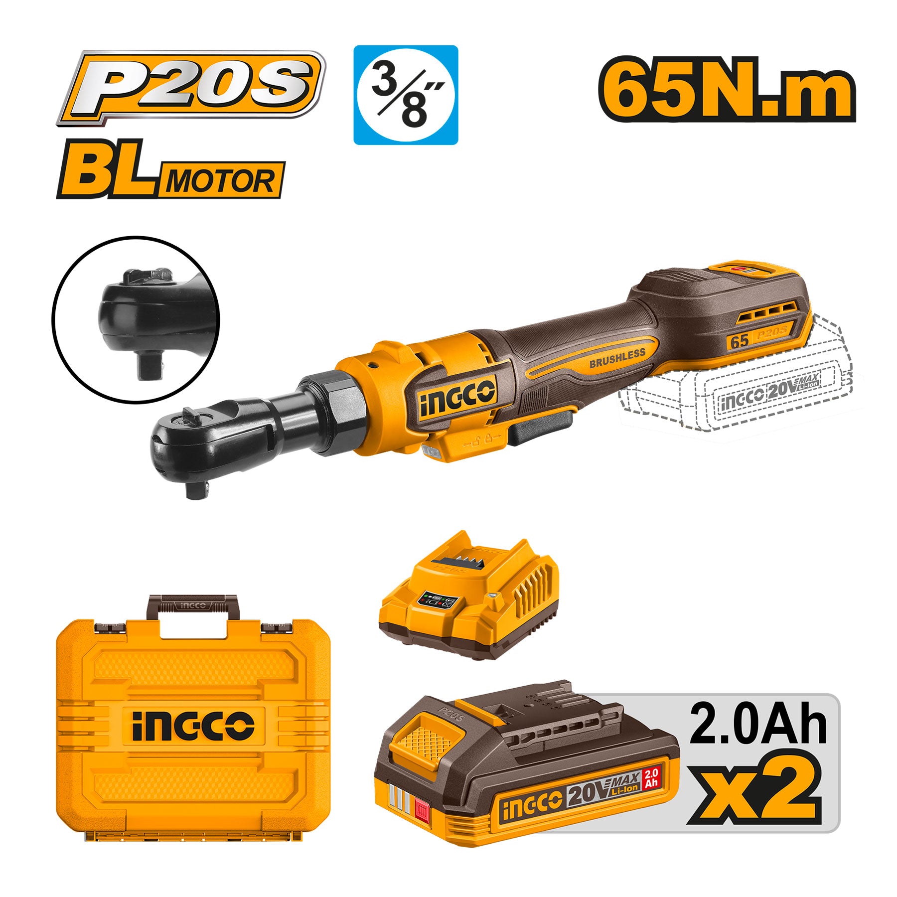 Ratchet Inalámbrico INGCO 20V 65Nm 3/8" 350RPM 2 Baterías UCDRLI20652