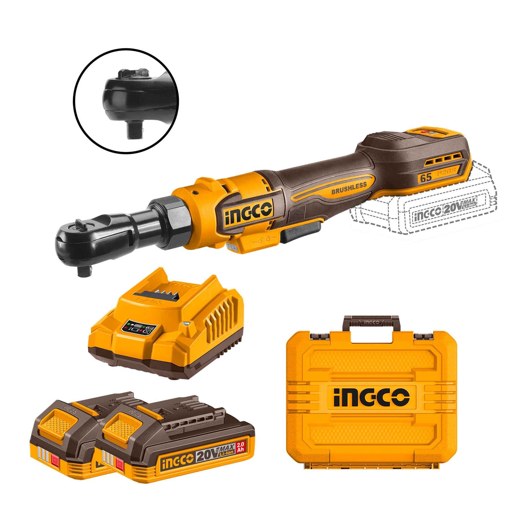 Ratchet Inalámbrico INGCO 20V 65Nm 3/8" 350RPM 2 Baterías UCDRLI20652