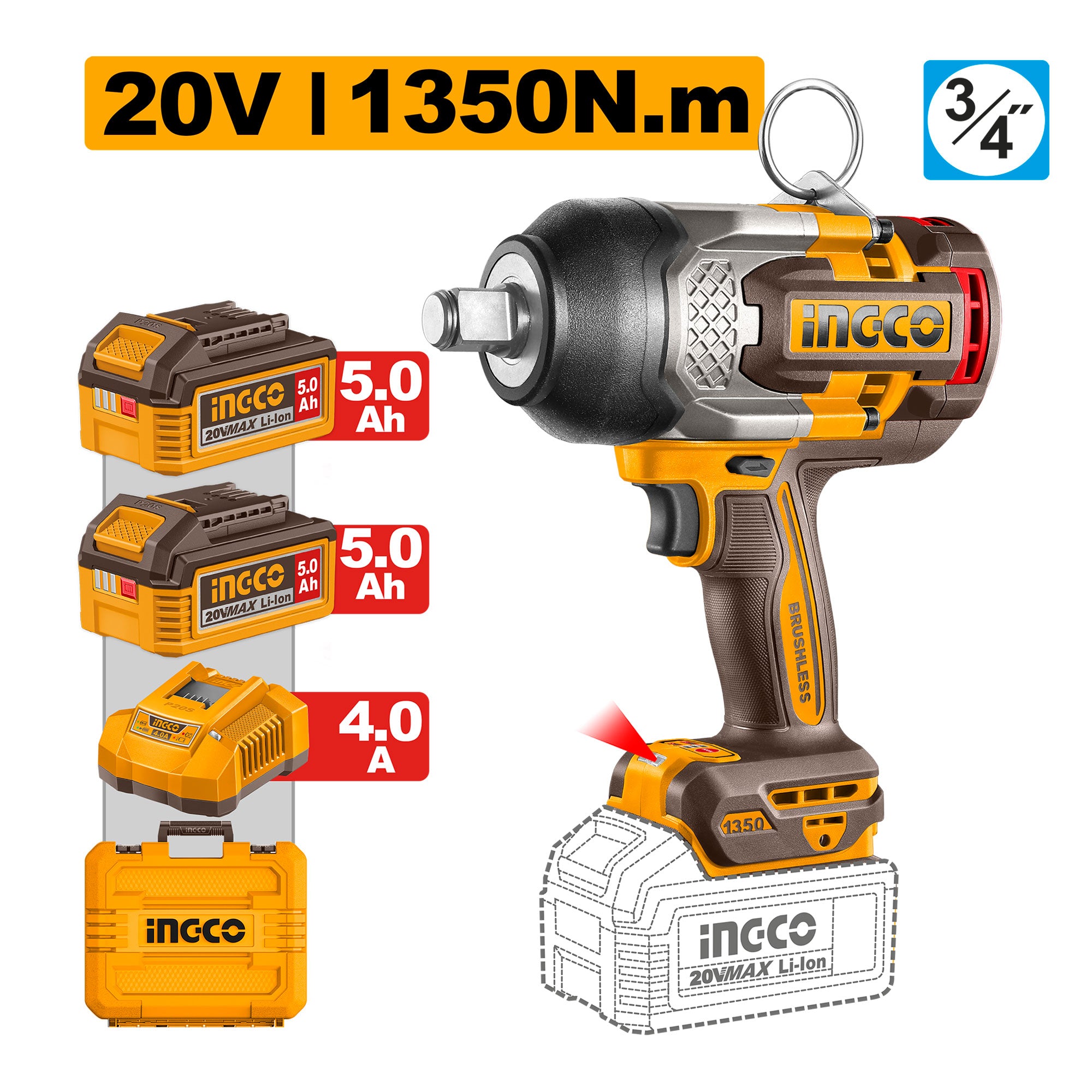Llave De Impacto M3/4 20V 1350Nm 1800Rpm Brushless Ingco Uciwli201356