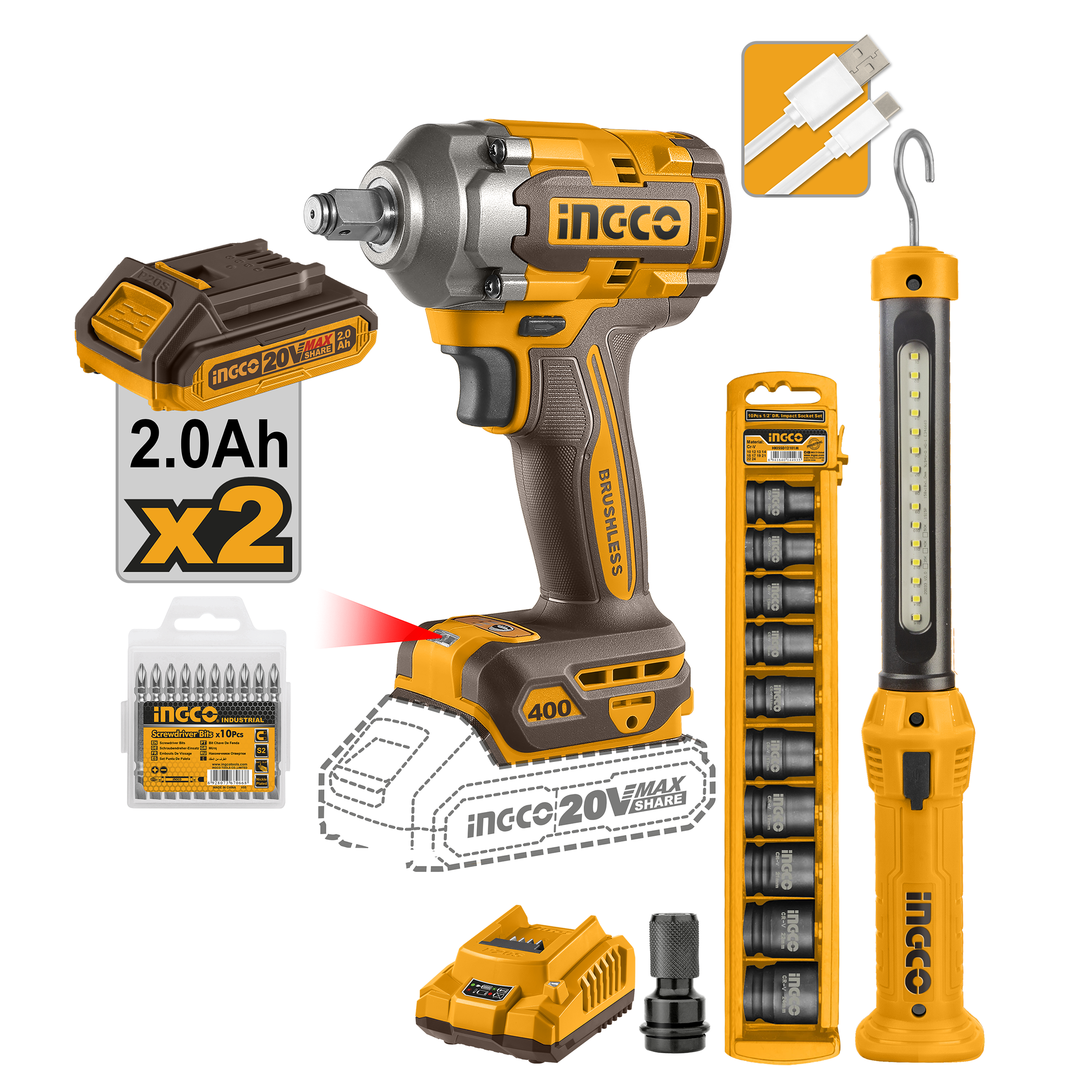 Combo 1 Llave De Impacto 1 Lampara 20V y accesorios Ucosli23048