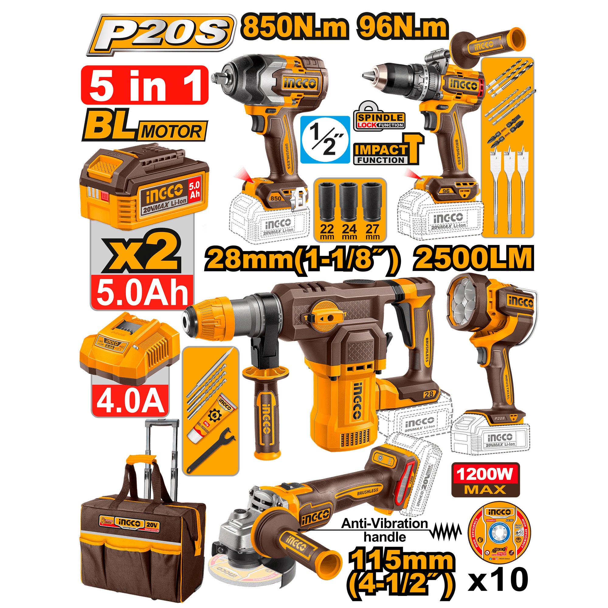 INGCO COMBO 20V  1 TALADRO 1/2 (CIDLI209685) 1 LLAVE DE IMPACTO 1/2 (CIWLI20851) 1 ROTOMARTILLO (CRHLI20286) 1 PULIDORA 4-1/2 (UCAGLI212025) 1 LAMPARA (CWLI20885) 2 BATERIAS Y CARGADOR UCOSLI251193