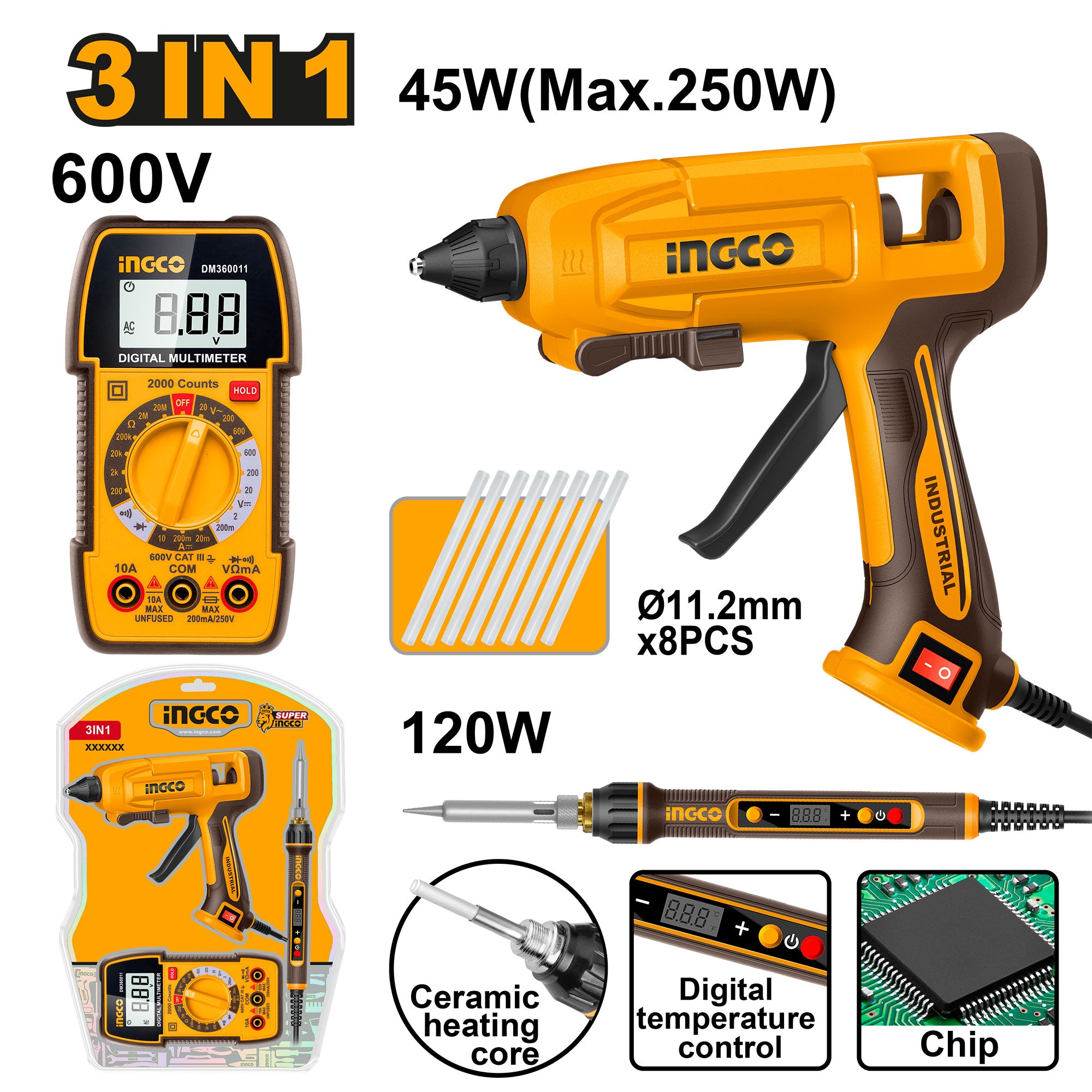 Combo 1 Pistola De Silicona 45W  1 Cautin 120W  1Multimetro 2000Rms Ingco UCTCK250716