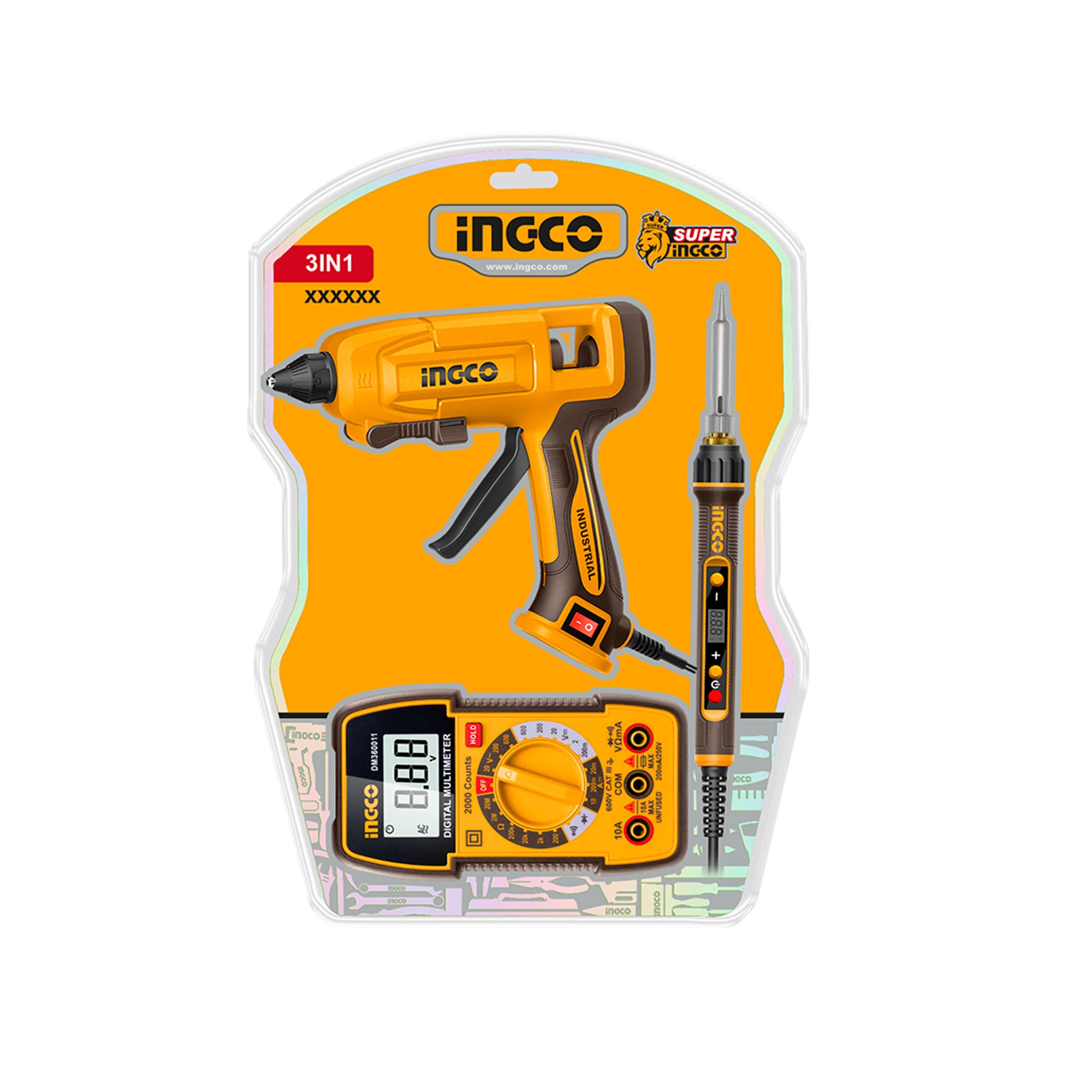 Combo 1 Pistola De Silicona 45W  1 Cautin 120W  1Multimetro 2000Rms Ingco UCTCK250716