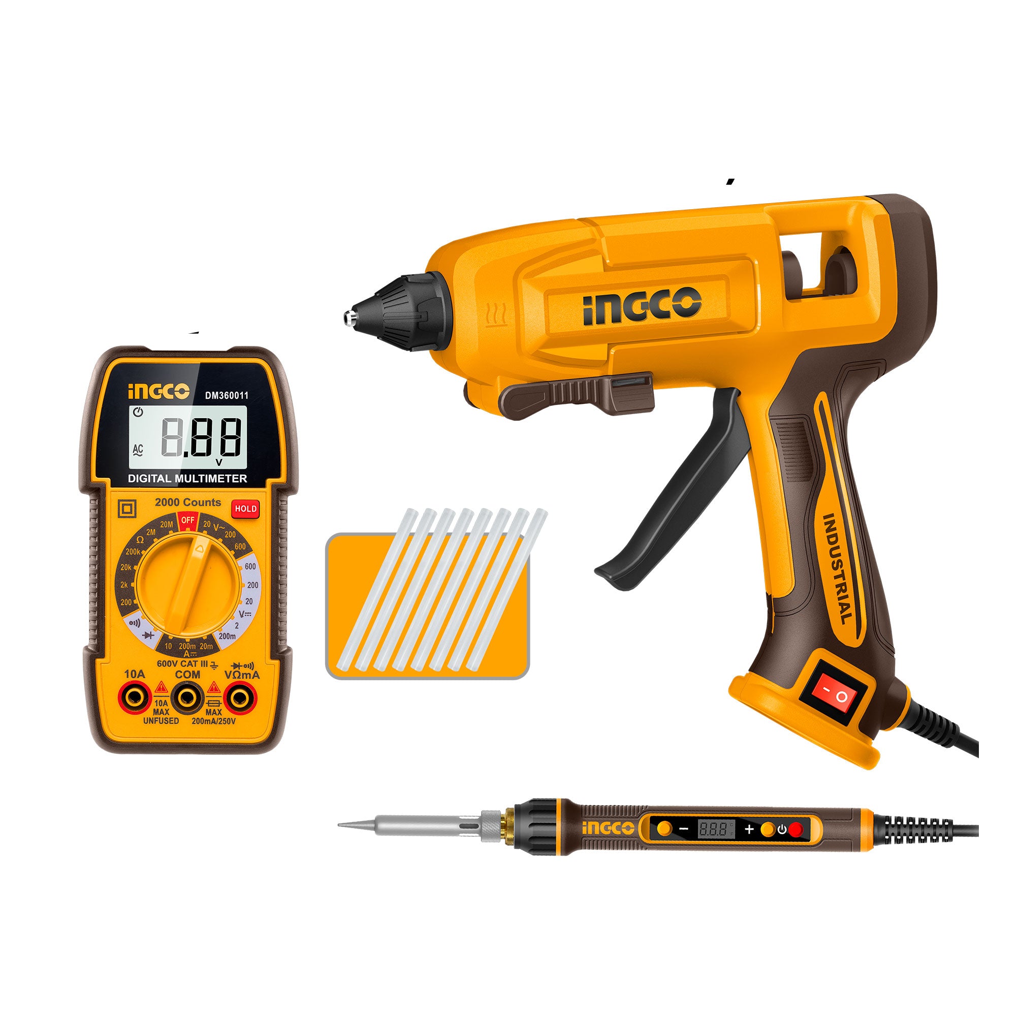 Combo 1 Pistola De Silicona 45W  1 Cautin 120W  1Multimetro 2000Rms Ingco UCTCK250716