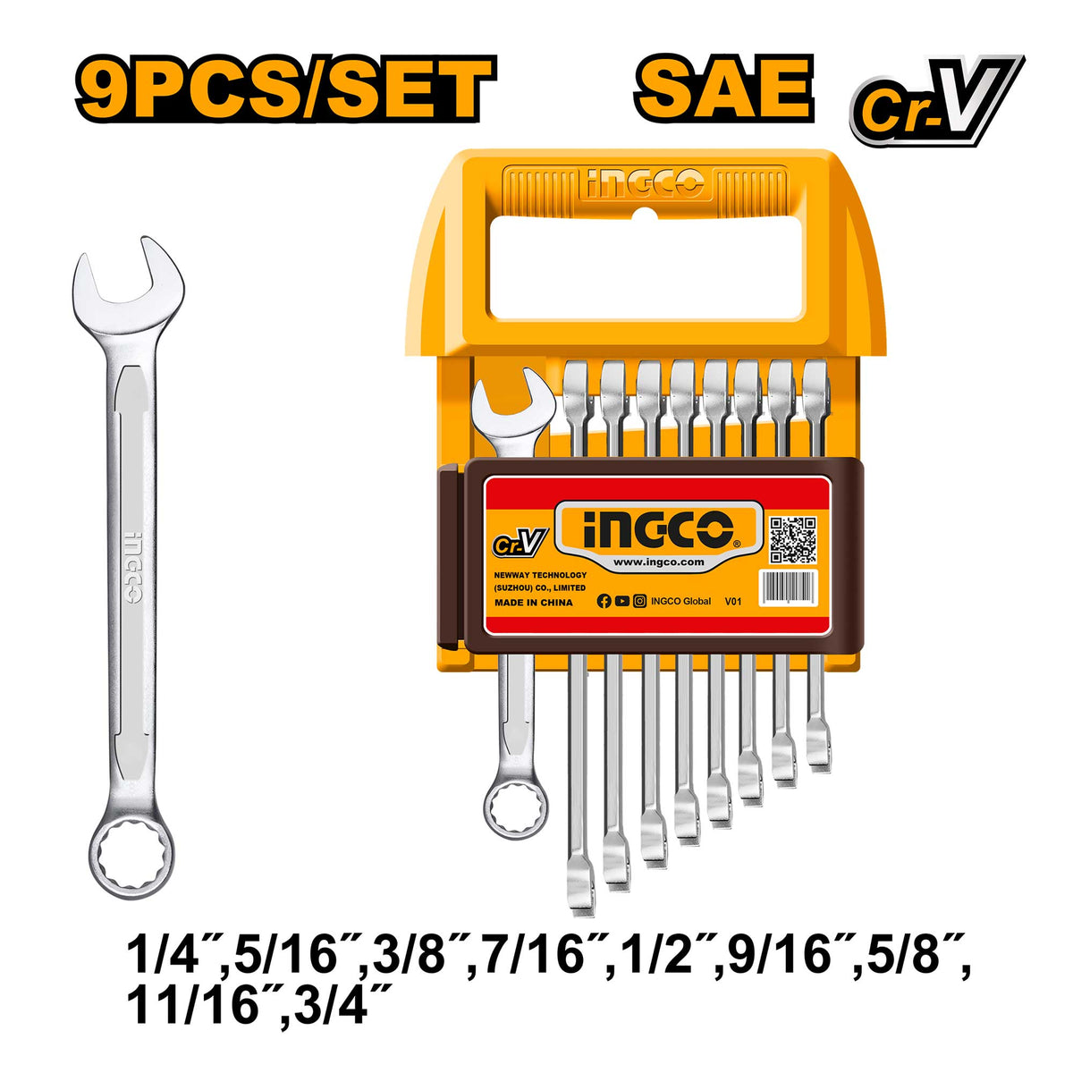 Set Llave Combinada 9Pcs 1/4-3/4´´ Ingco UHKSPA1096