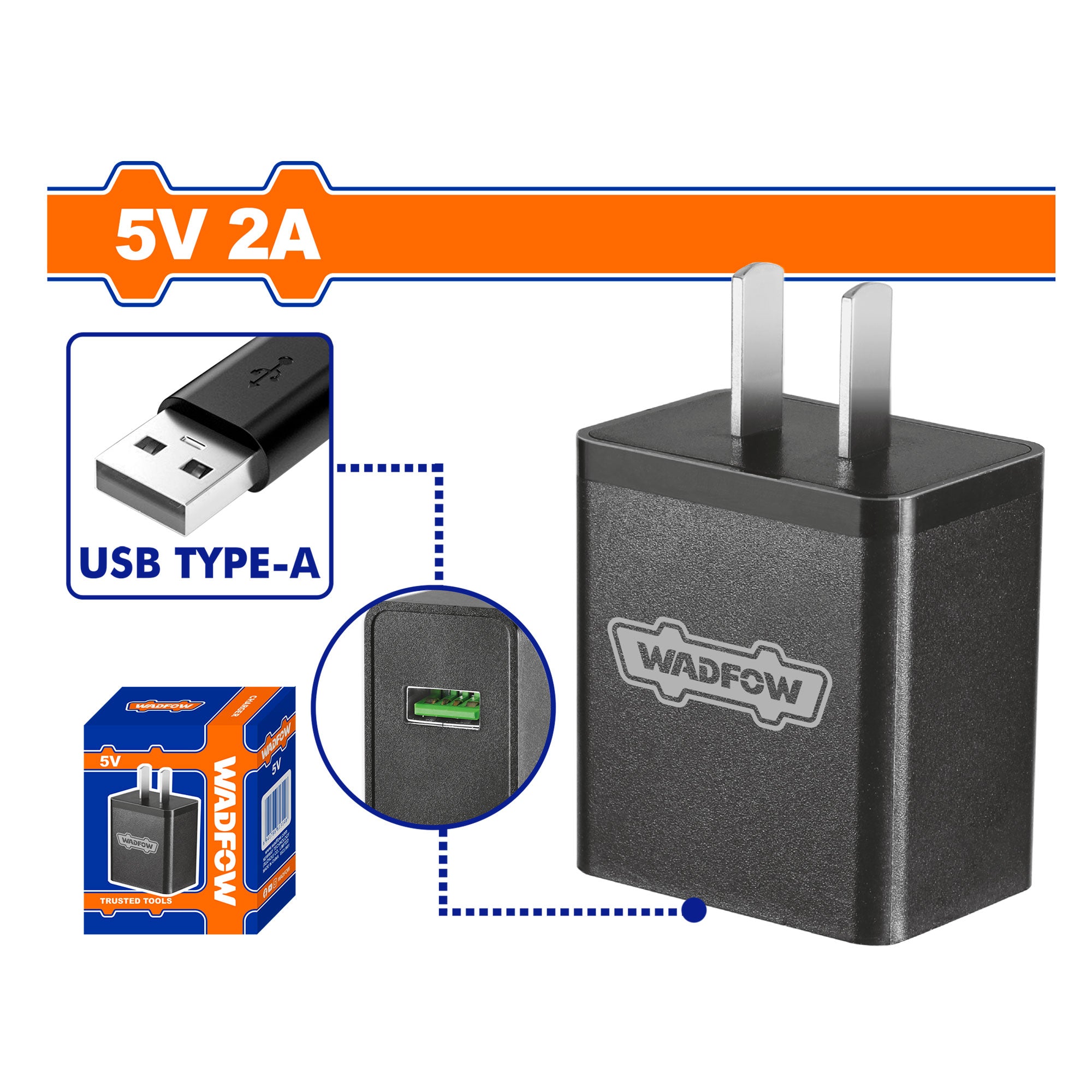 Cargador USB Tipo A WADFOW 5V 2A 100-240V Universal Sin Cable UWFCT552