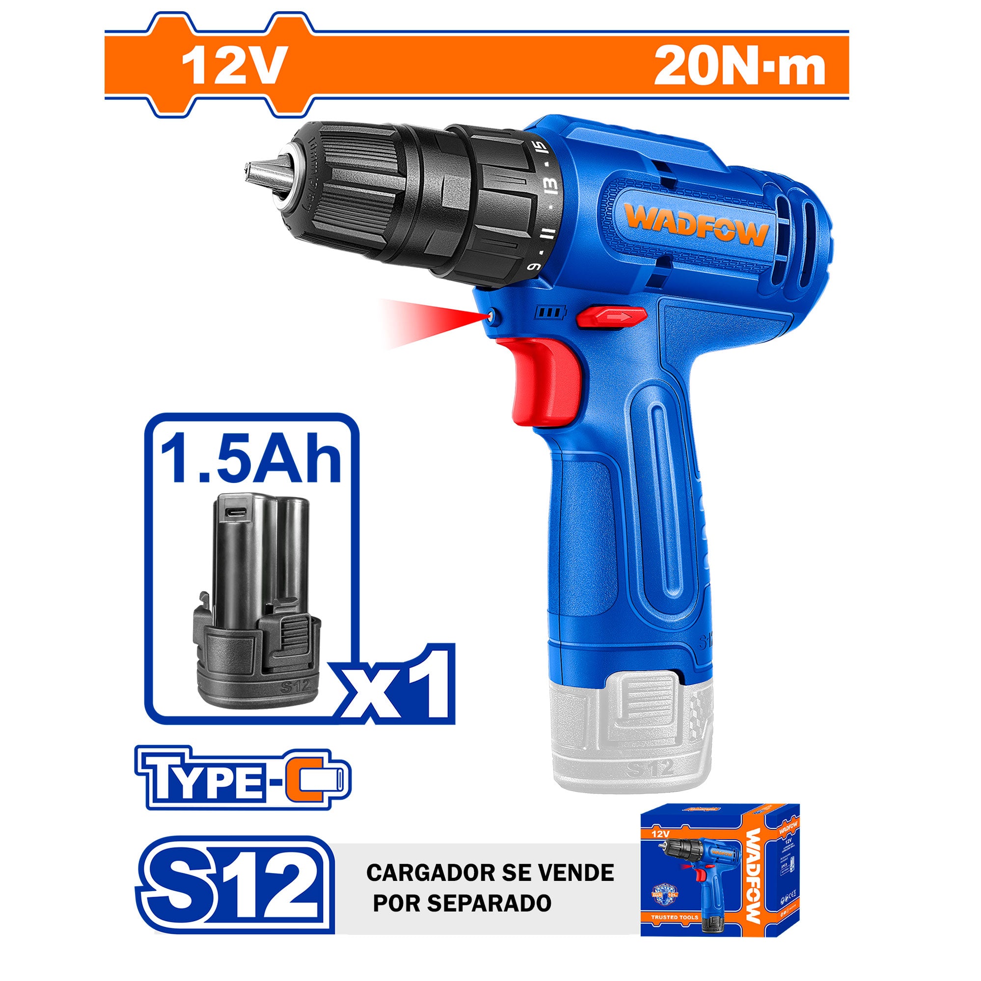 Taladro Inalámbrico WADFOW 12V 20Nm 3/8"  Batería 1.5Ah  WCDS518