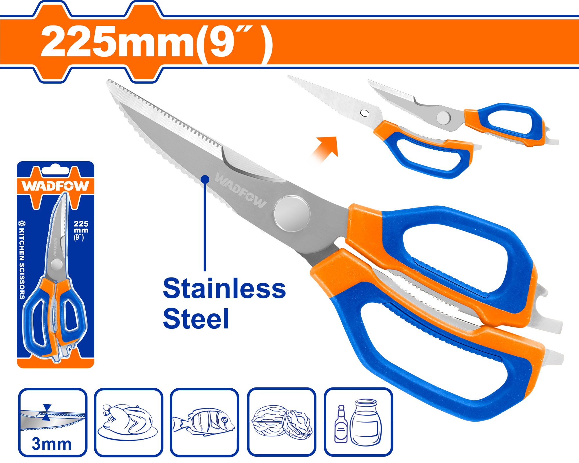 Tijera de Cocina Multiusos WADFOW 9" Acero Inoxidable 5 Funciones WSX1605
