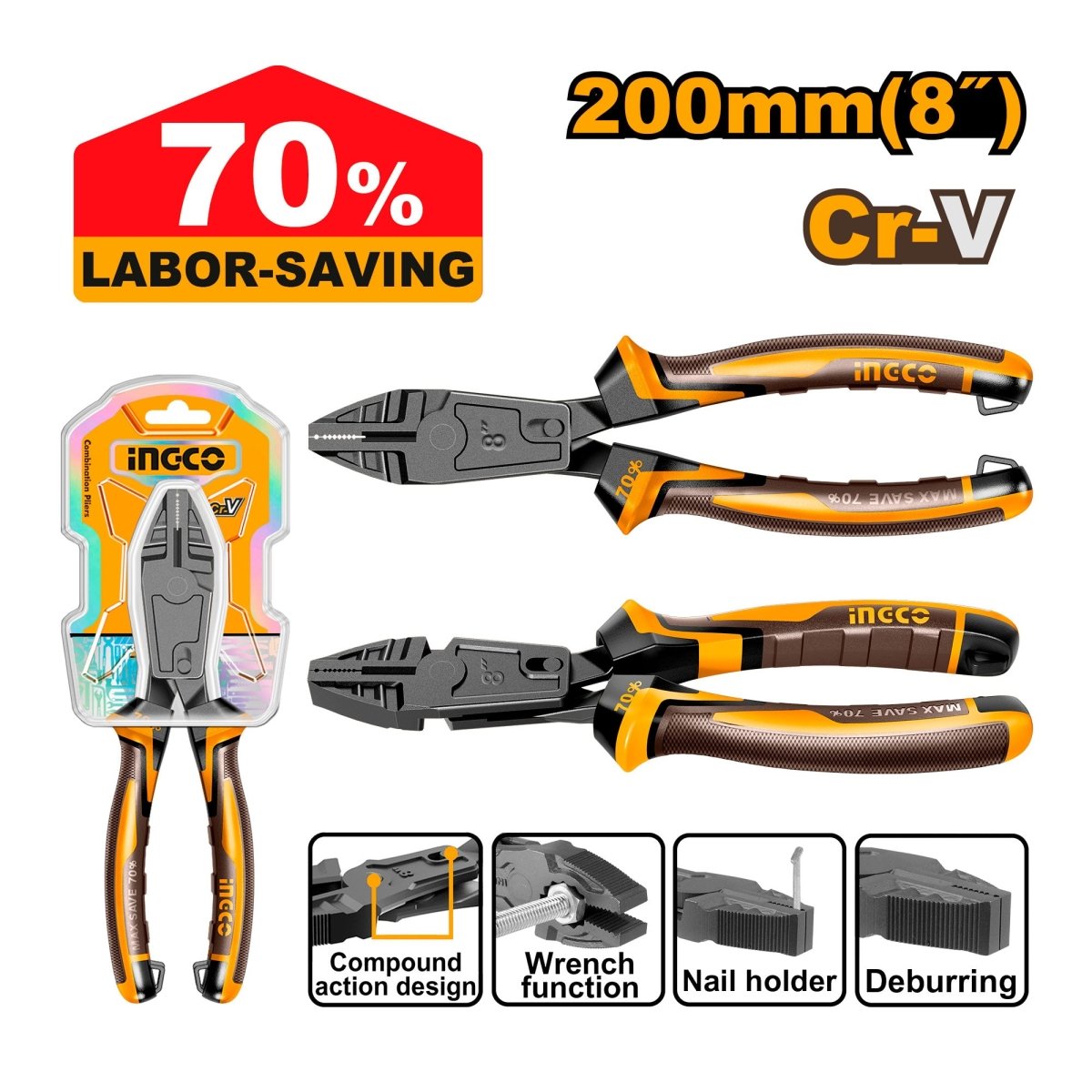 Alicate De Combinacion 8 Accion Compuesta Cr-V INGCO Hccp58206 - MARKEMSTORE - Alicates